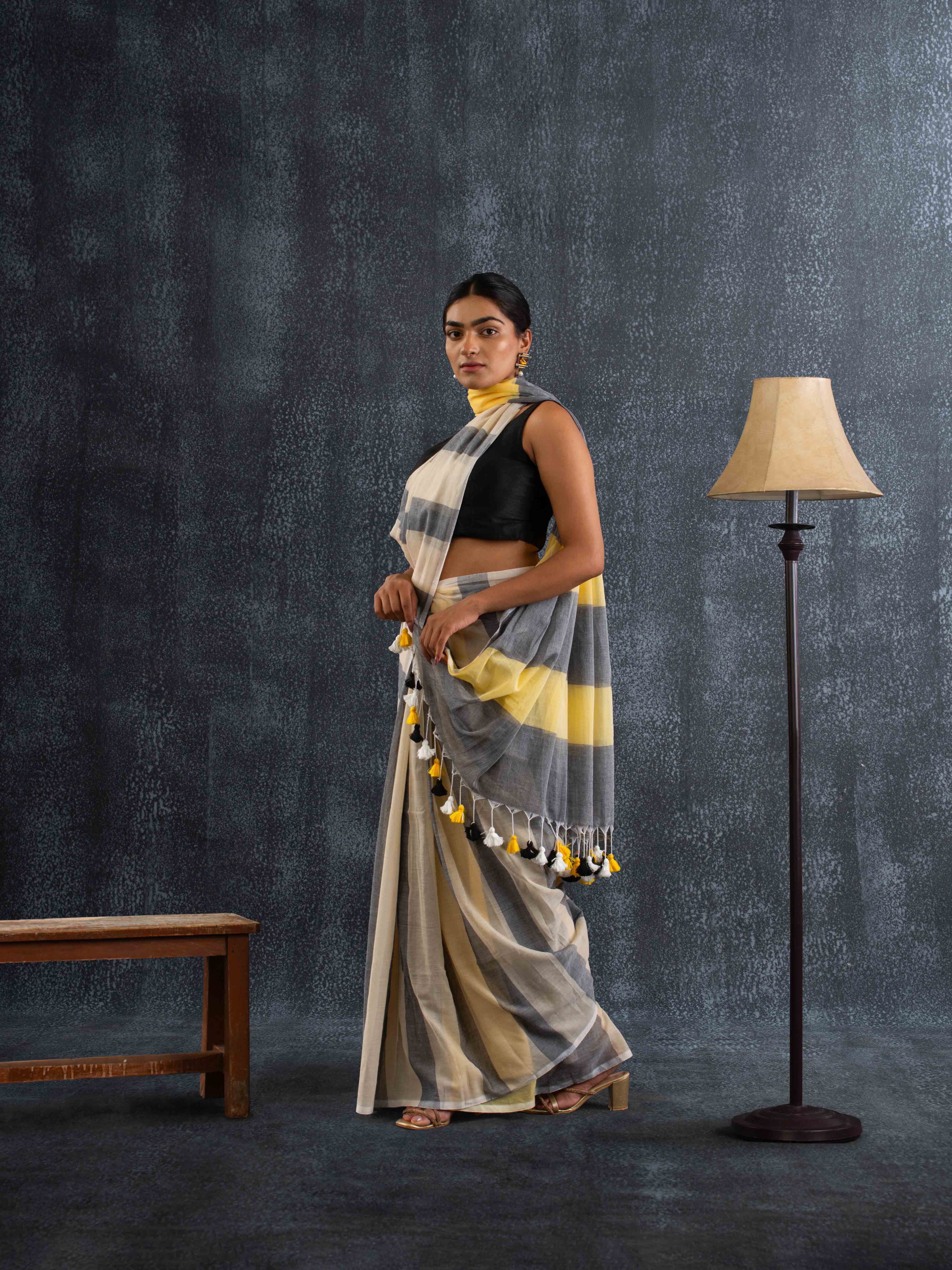 Breezy Mul Cotton Saree in Yellow & Grey Stripes