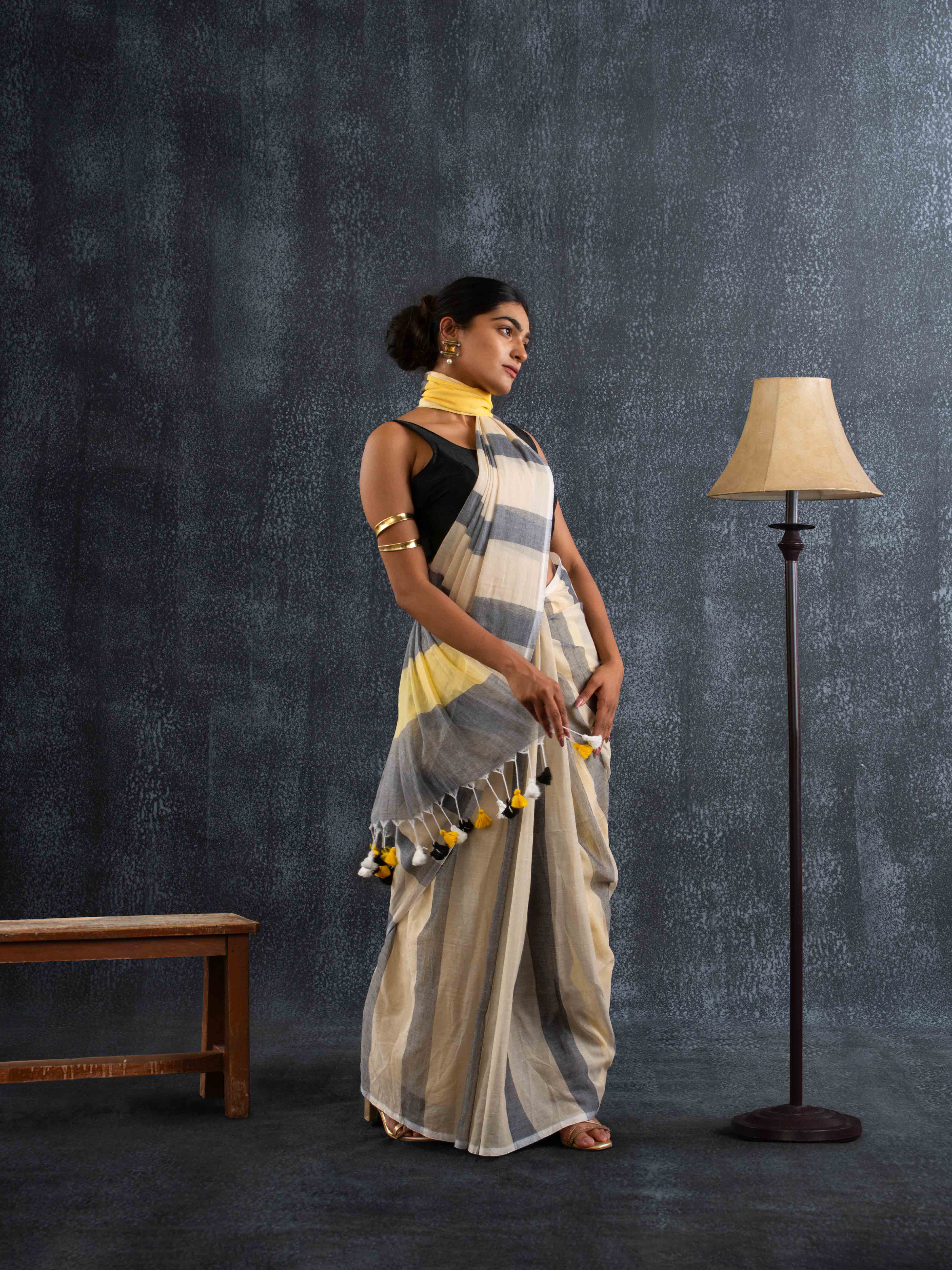 Breezy Mul Cotton Saree in Yellow & Grey Stripes