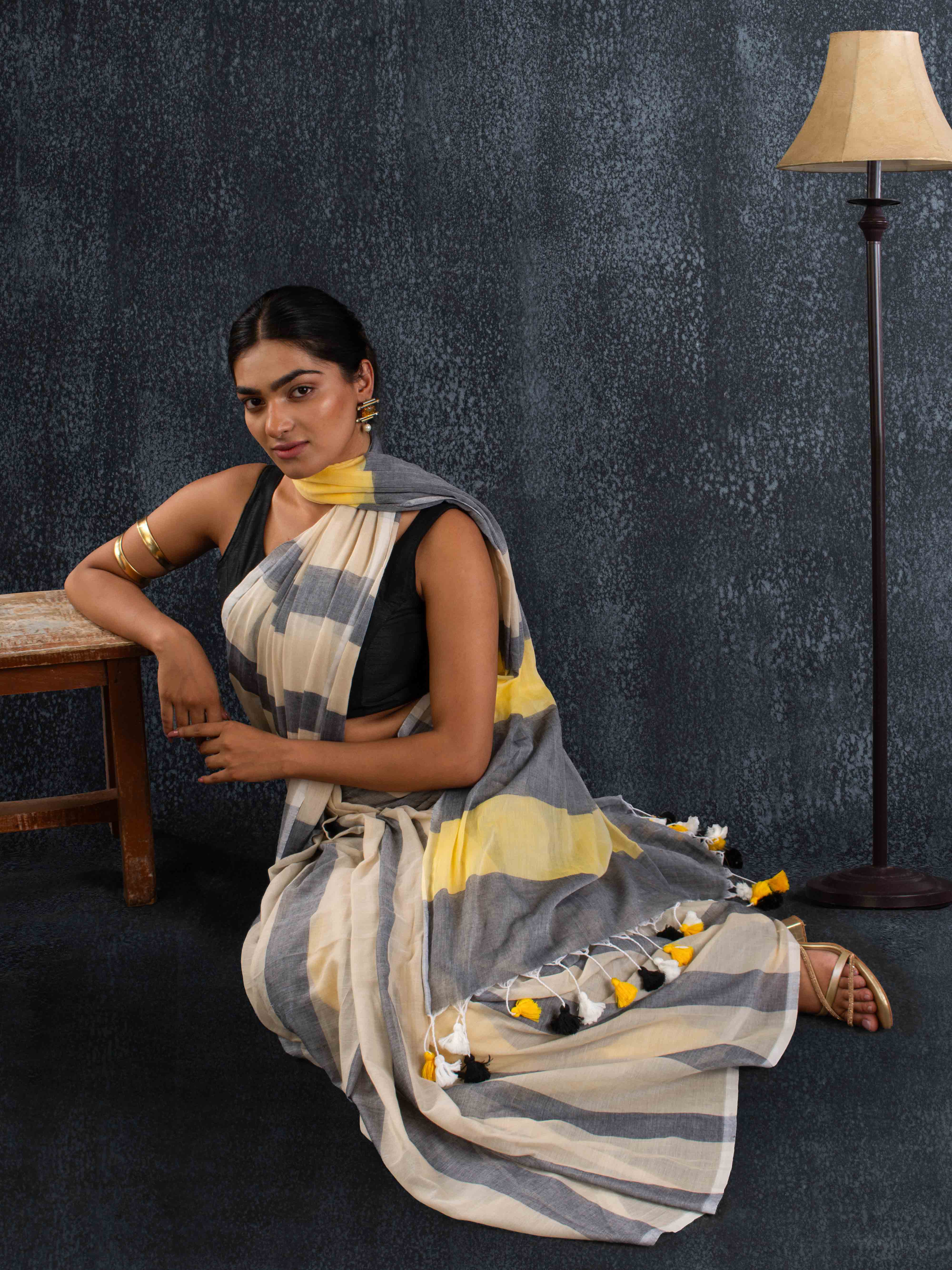 Breezy Mul Cotton Saree in Yellow & Grey Stripes