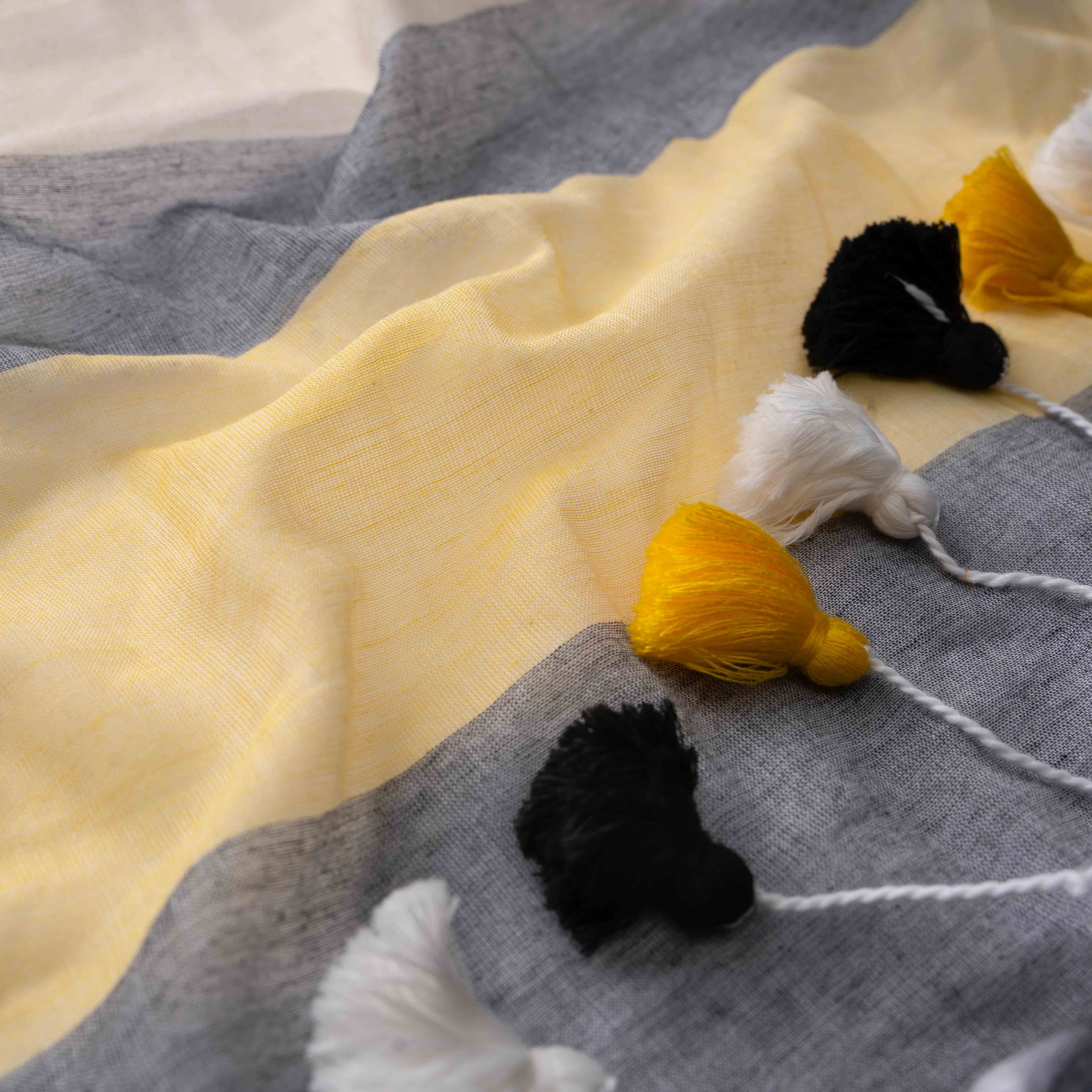 Breezy Mul Cotton Saree in Yellow & Grey Stripes