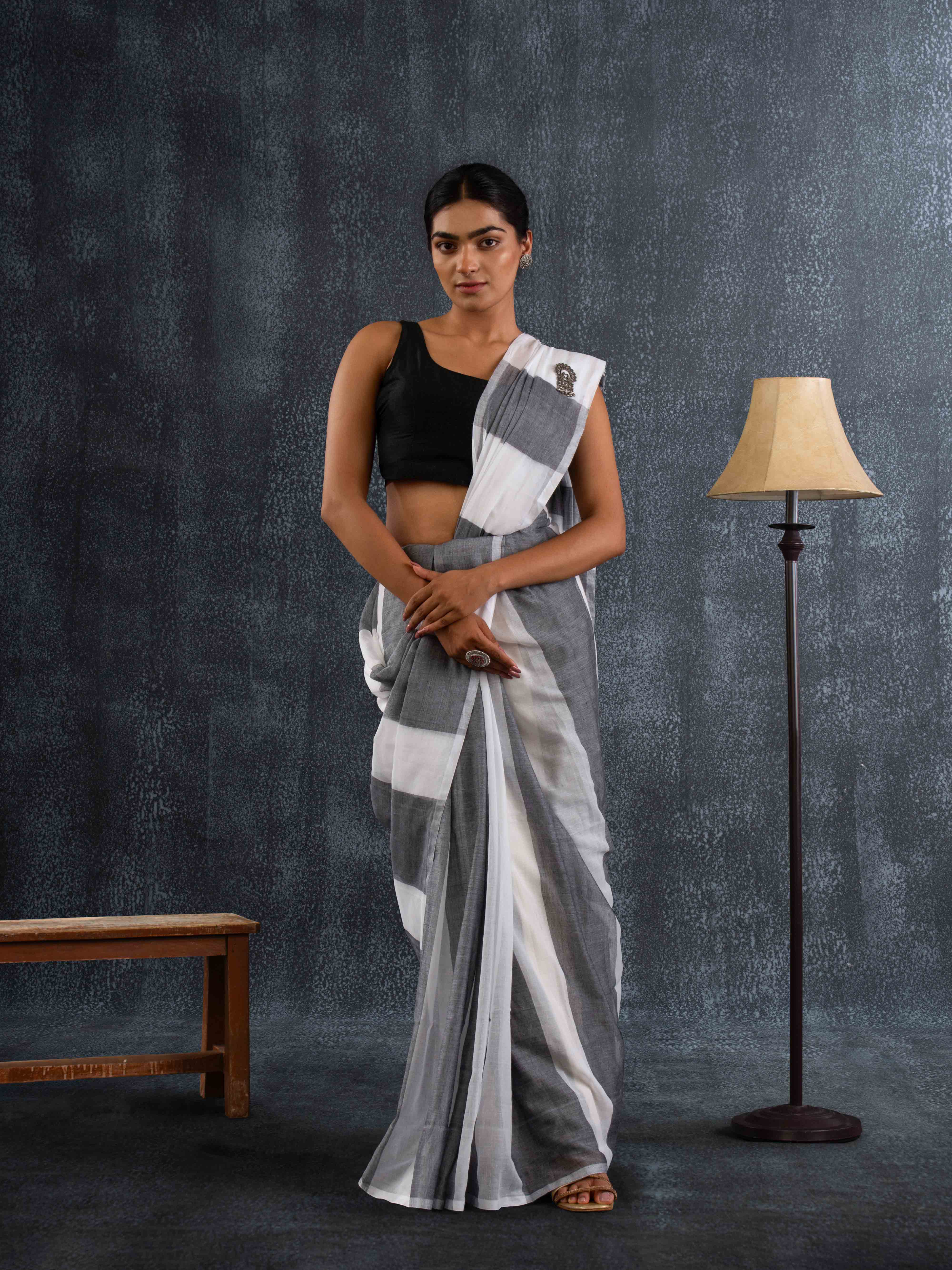 Breezy Mul Cotton Saree in White & Grey Stripes