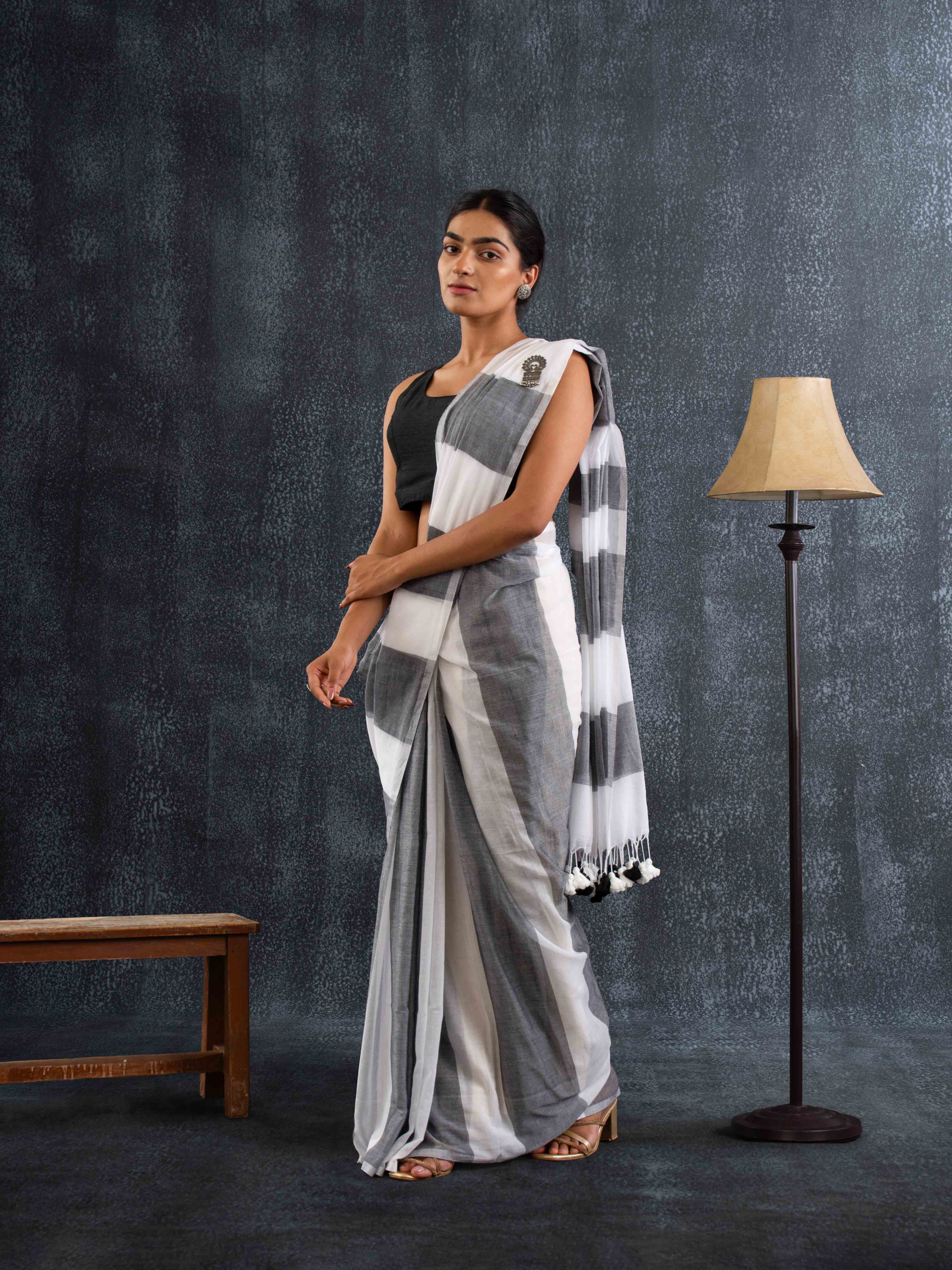 Breezy Mul Cotton Saree in White & Grey Stripes