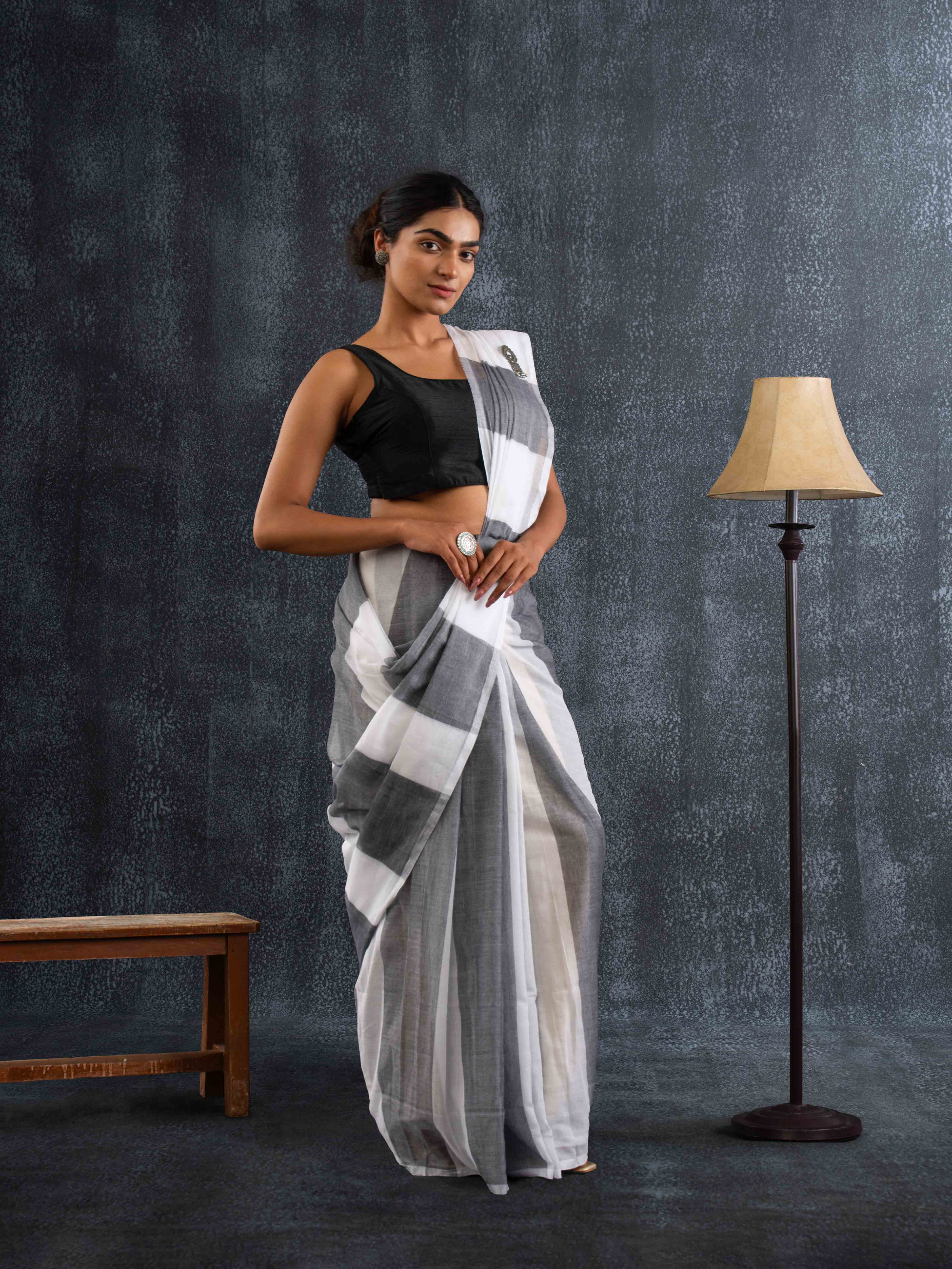 Breezy Mul Cotton Saree in White & Grey Stripes