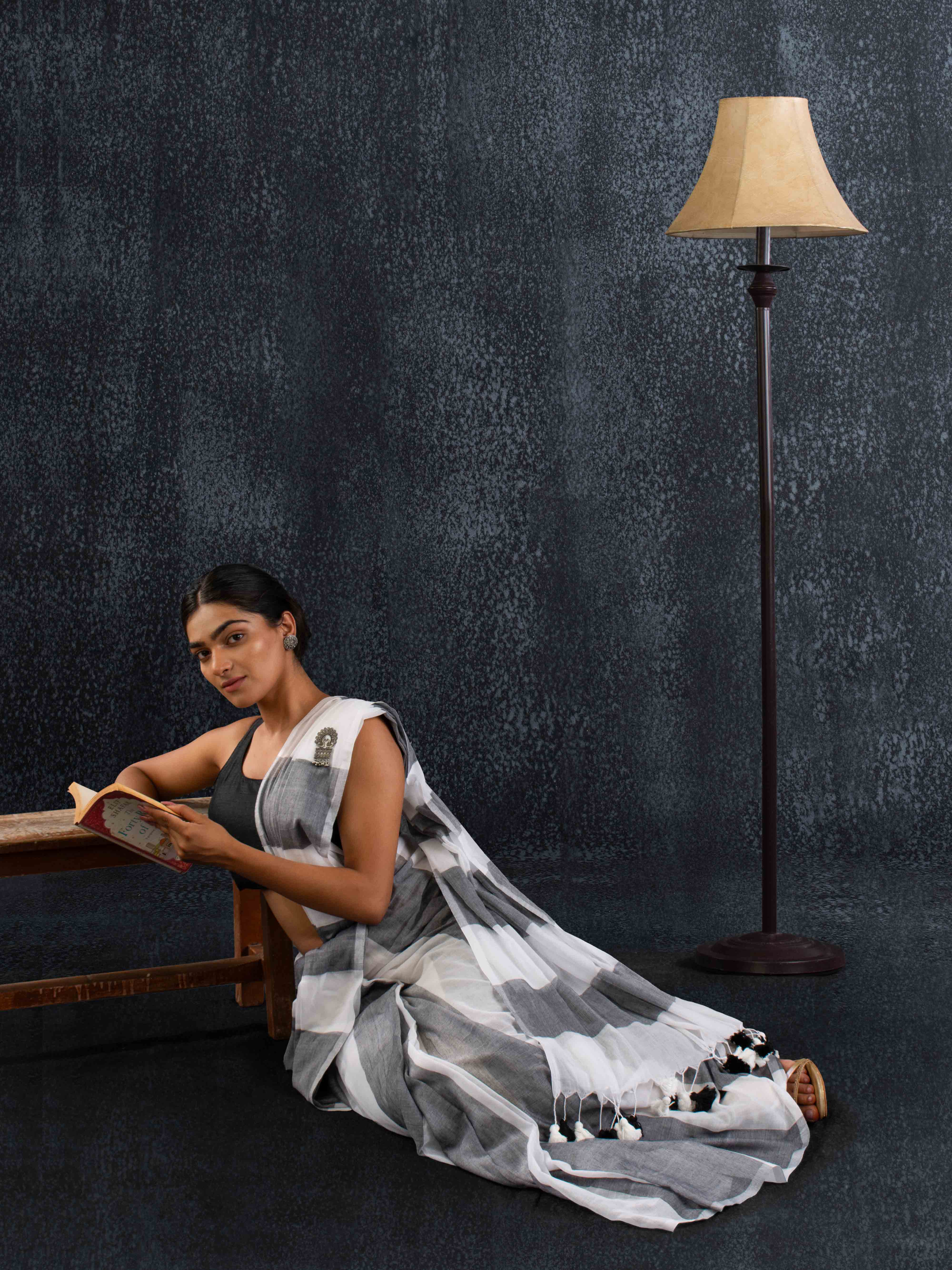 Breezy Mul Cotton Saree in White & Grey Stripes