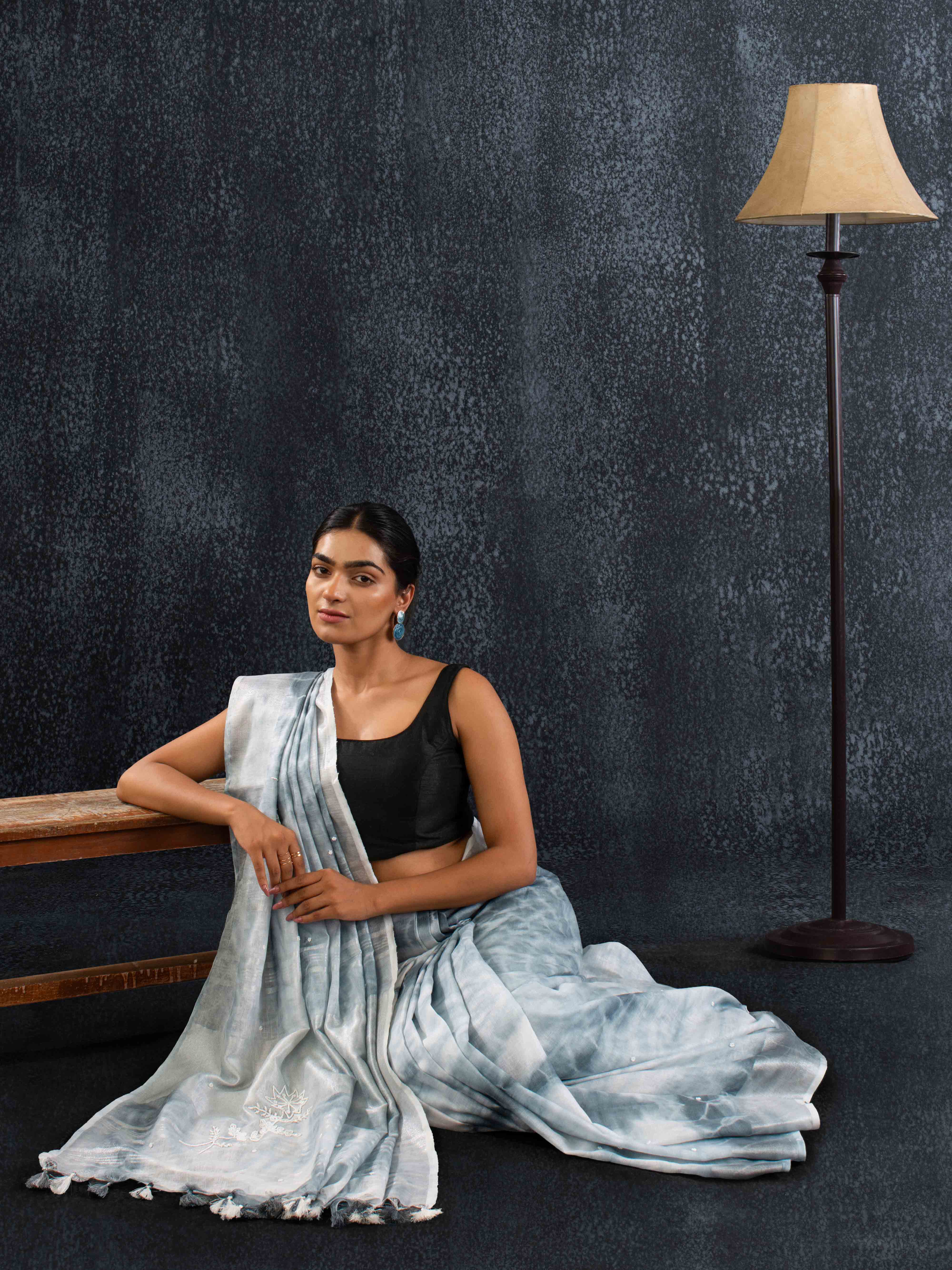 Plush 100% Pure Linen Saree in Misty Grey with Delicate Floral Motifs