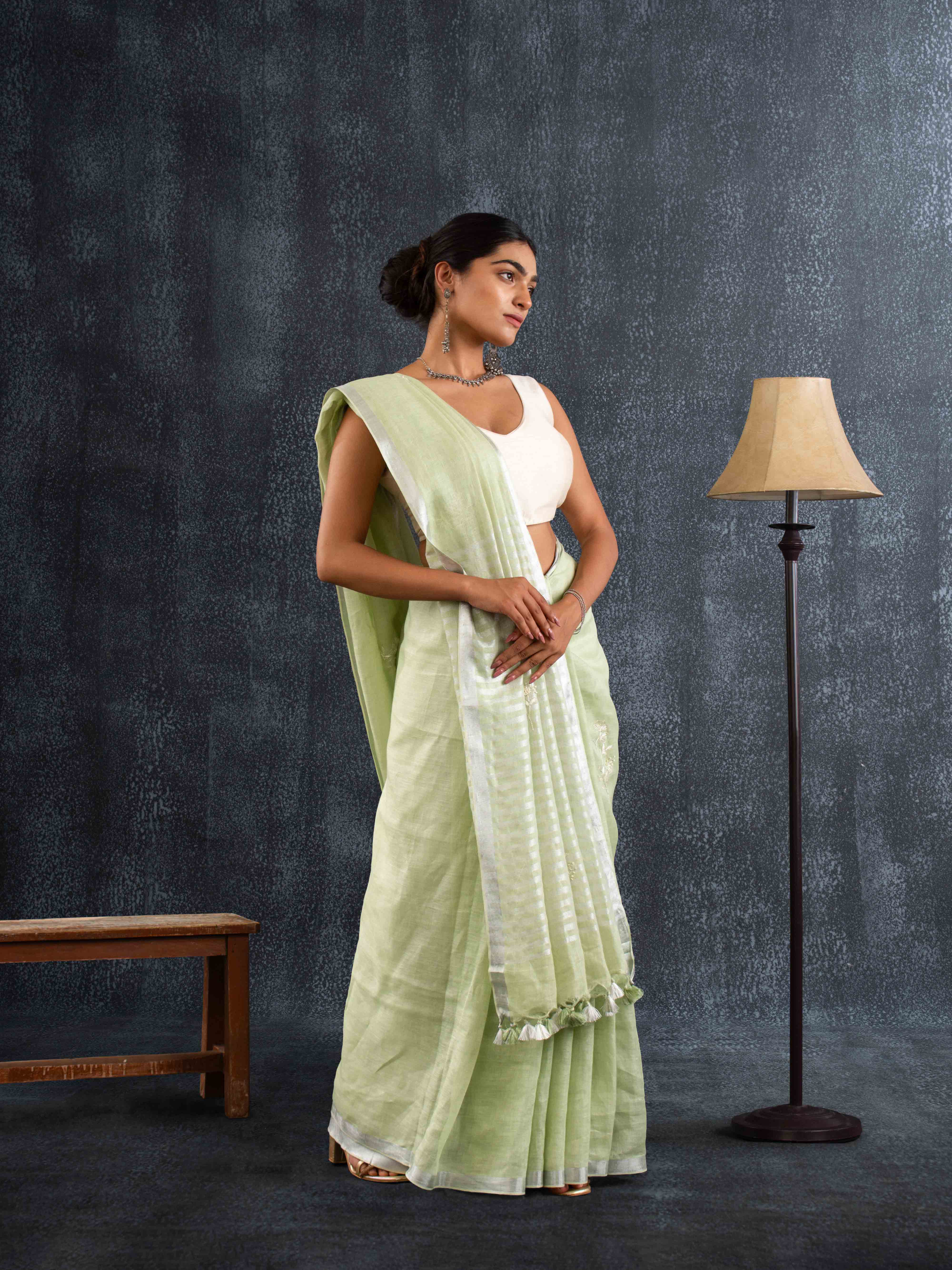 Supple Pure Linen Saree in Pistachio Green with Stripes Pallu