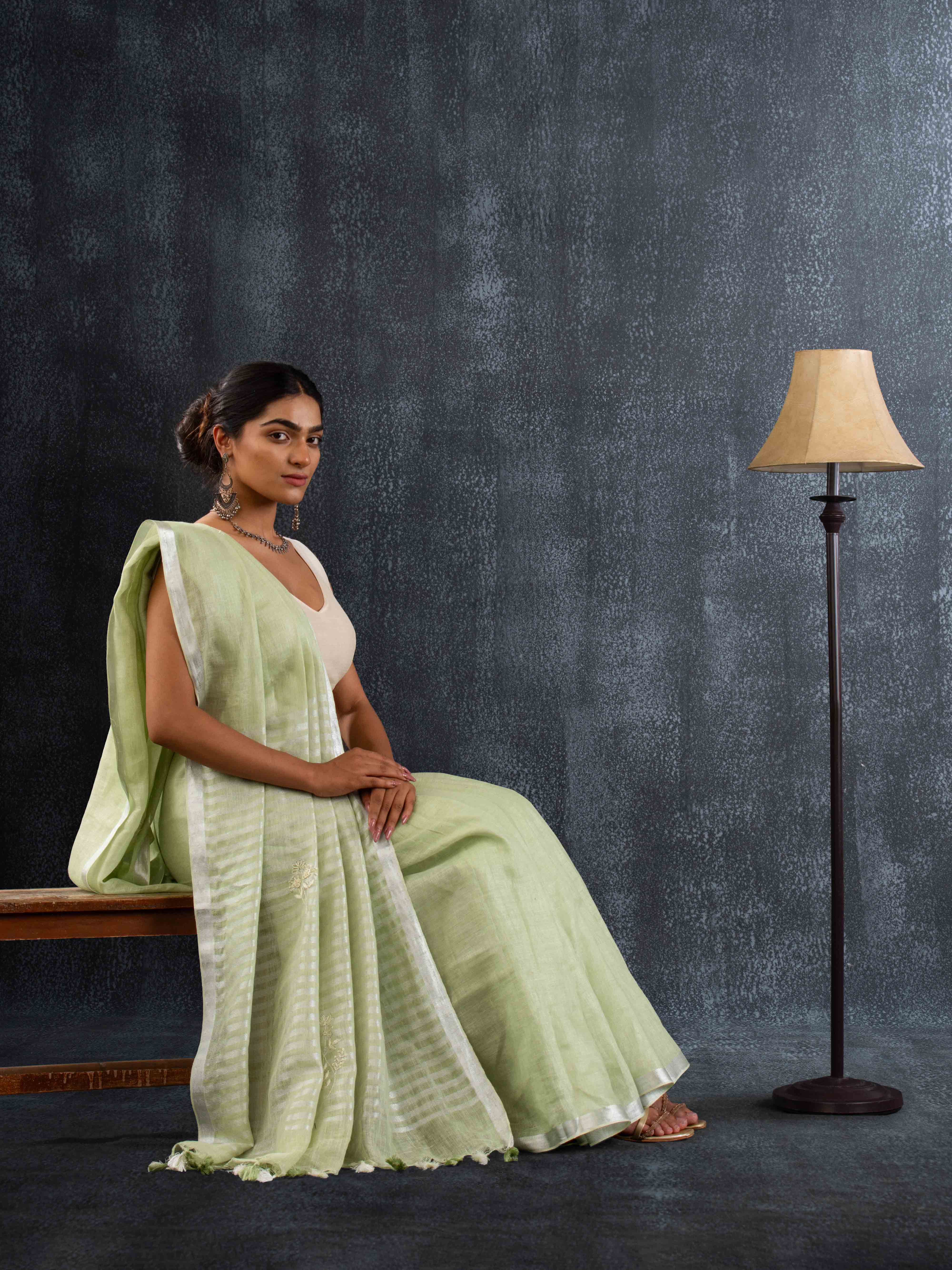 Supple Pure Linen Saree in Pistachio Green with Stripes Pallu