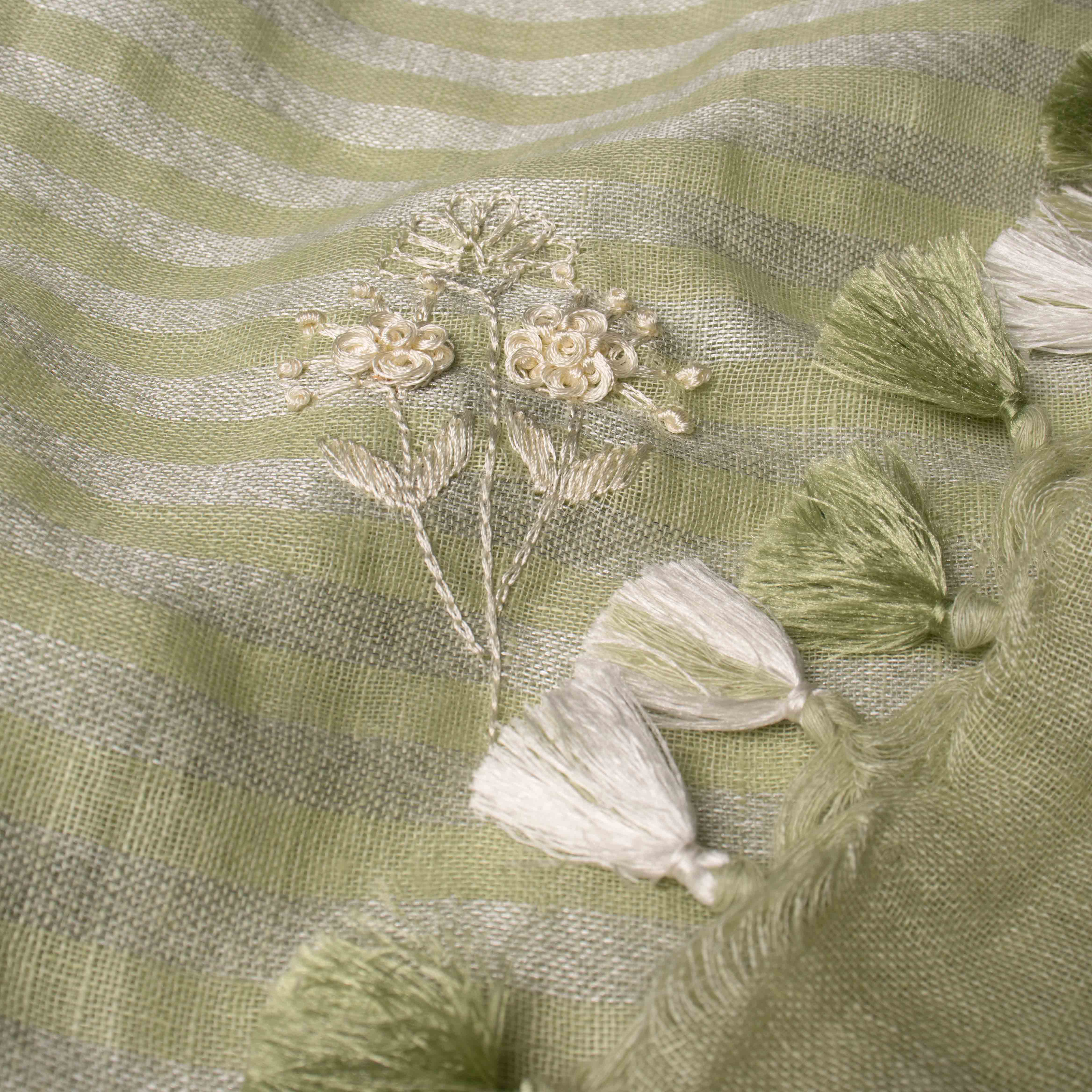 Supple Pure Linen Saree in Pistachio Green with Stripes Pallu