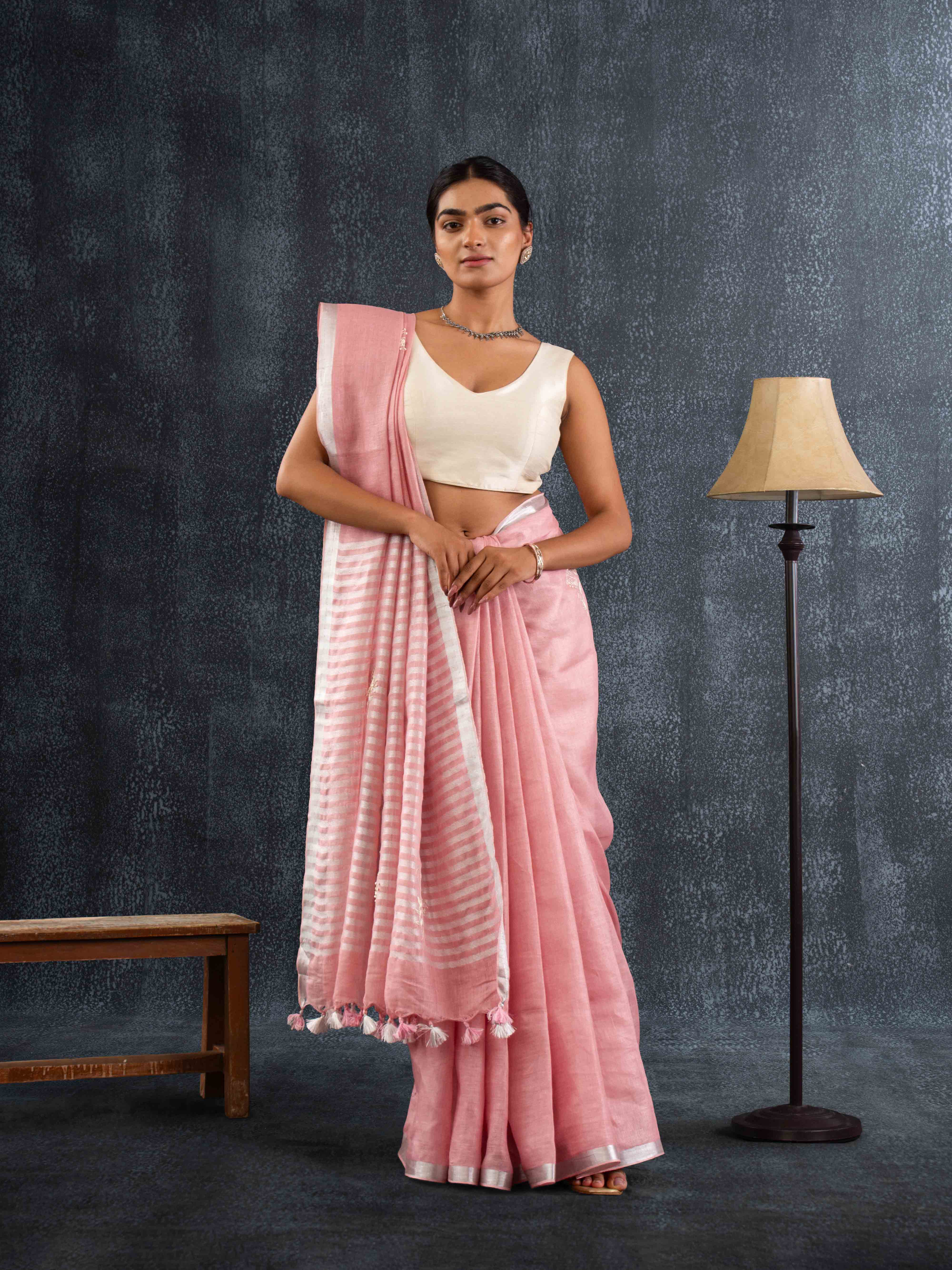 Supple Pure Linen Saree in Blush Pink with Stiped Pallu