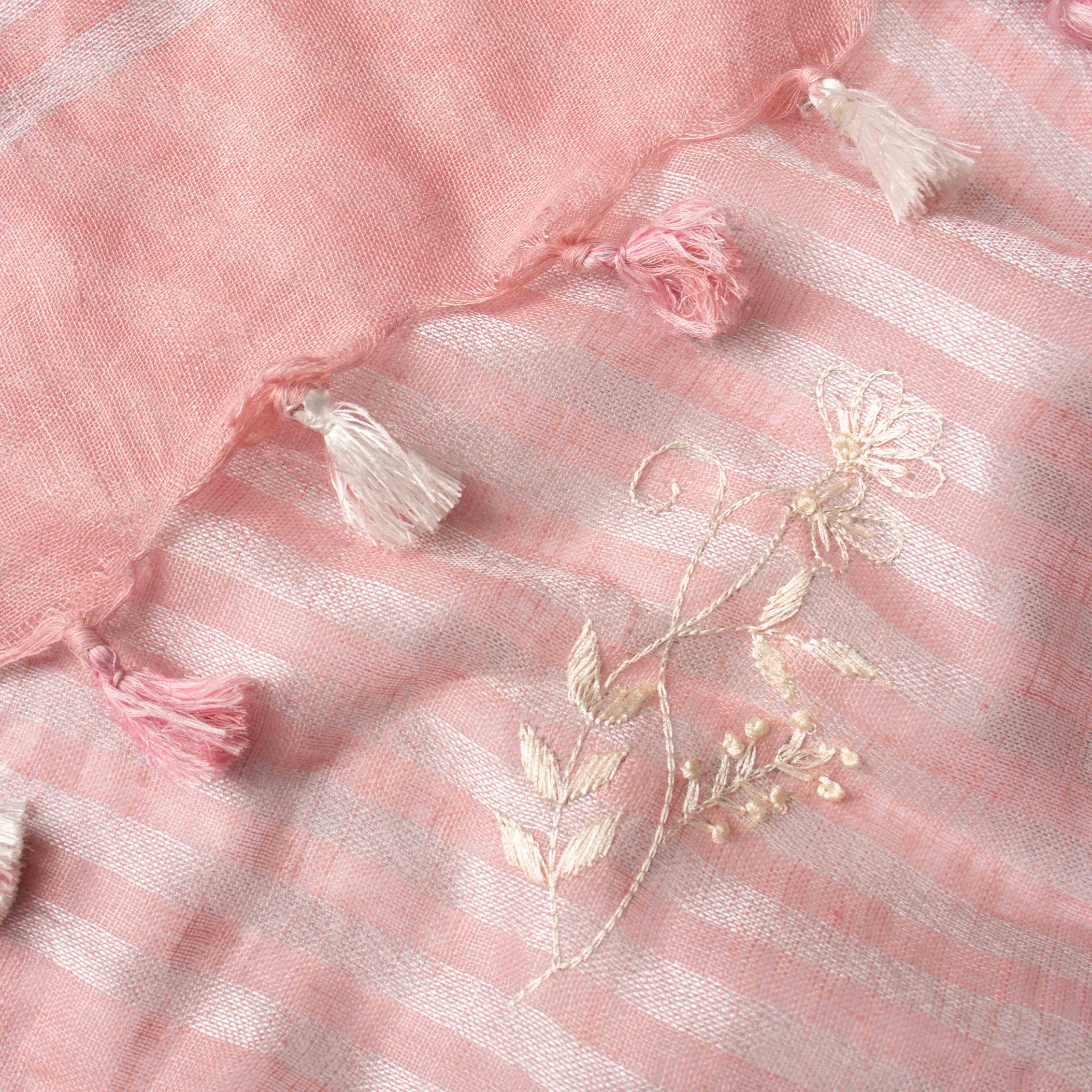 Supple Pure Linen Saree in Blush Pink with Stiped Pallu