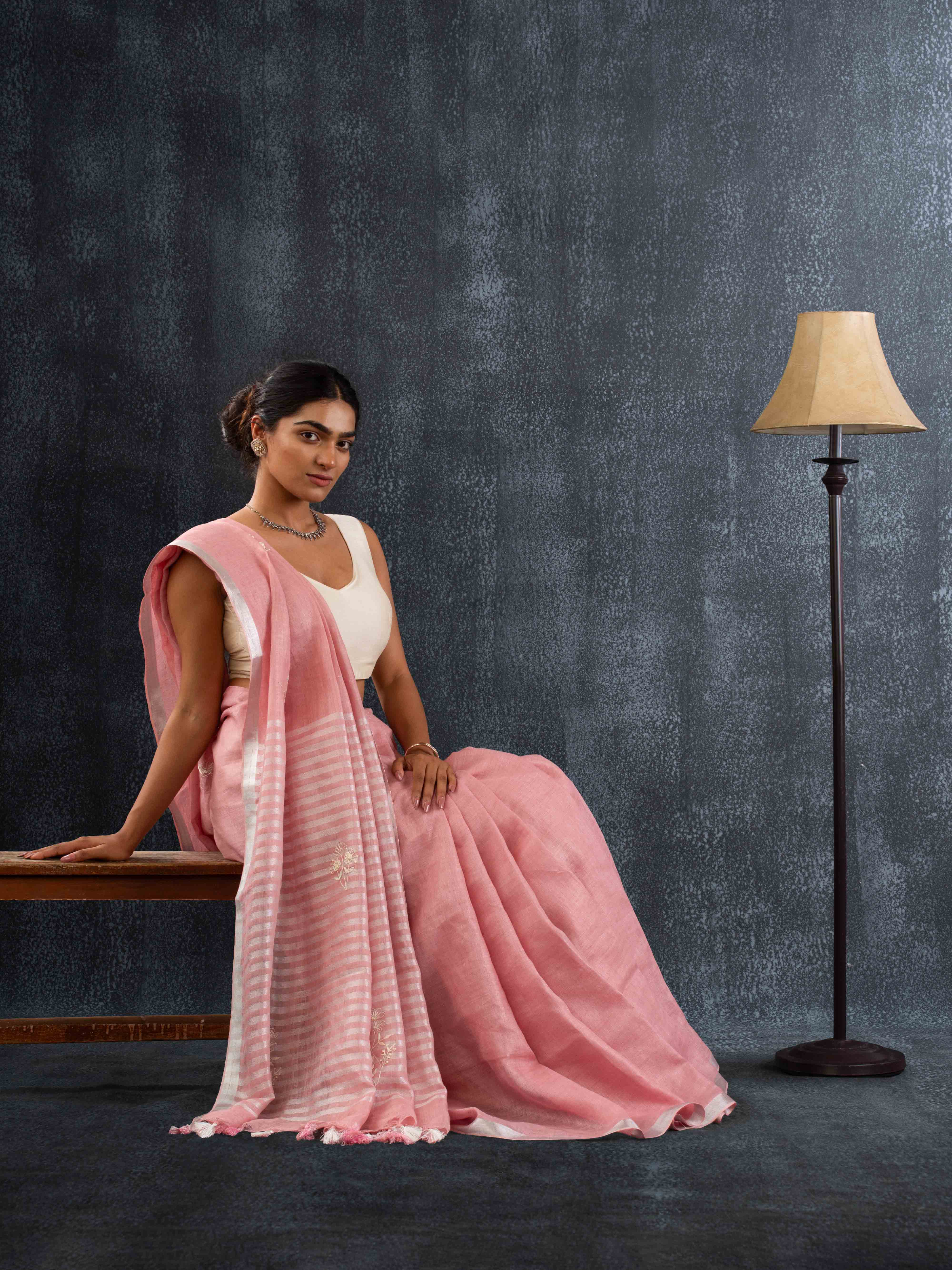 Supple Pure Linen Saree in Blush Pink with Stiped Pallu