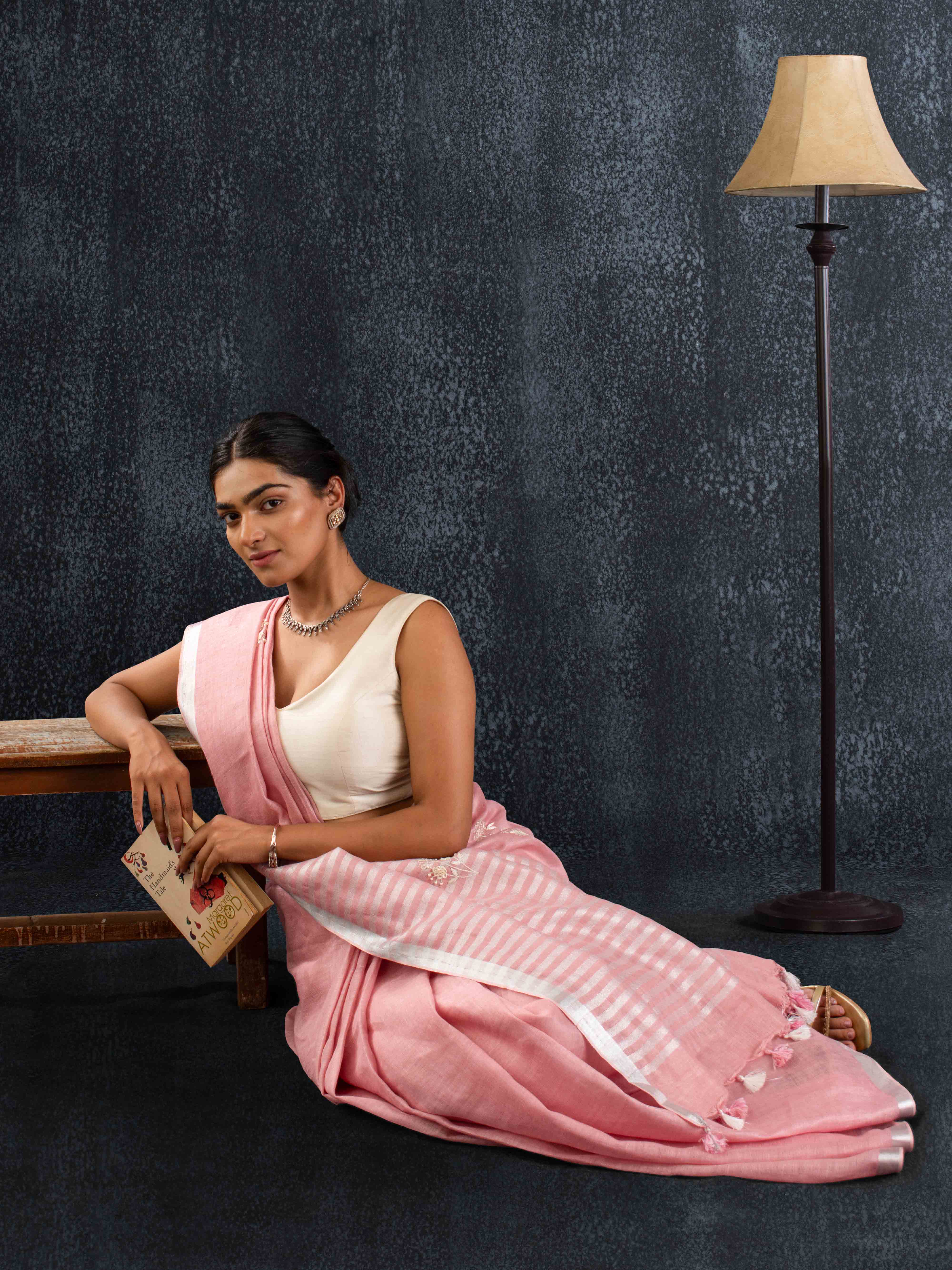 Supple Pure Linen Saree in Blush Pink with Stiped Pallu