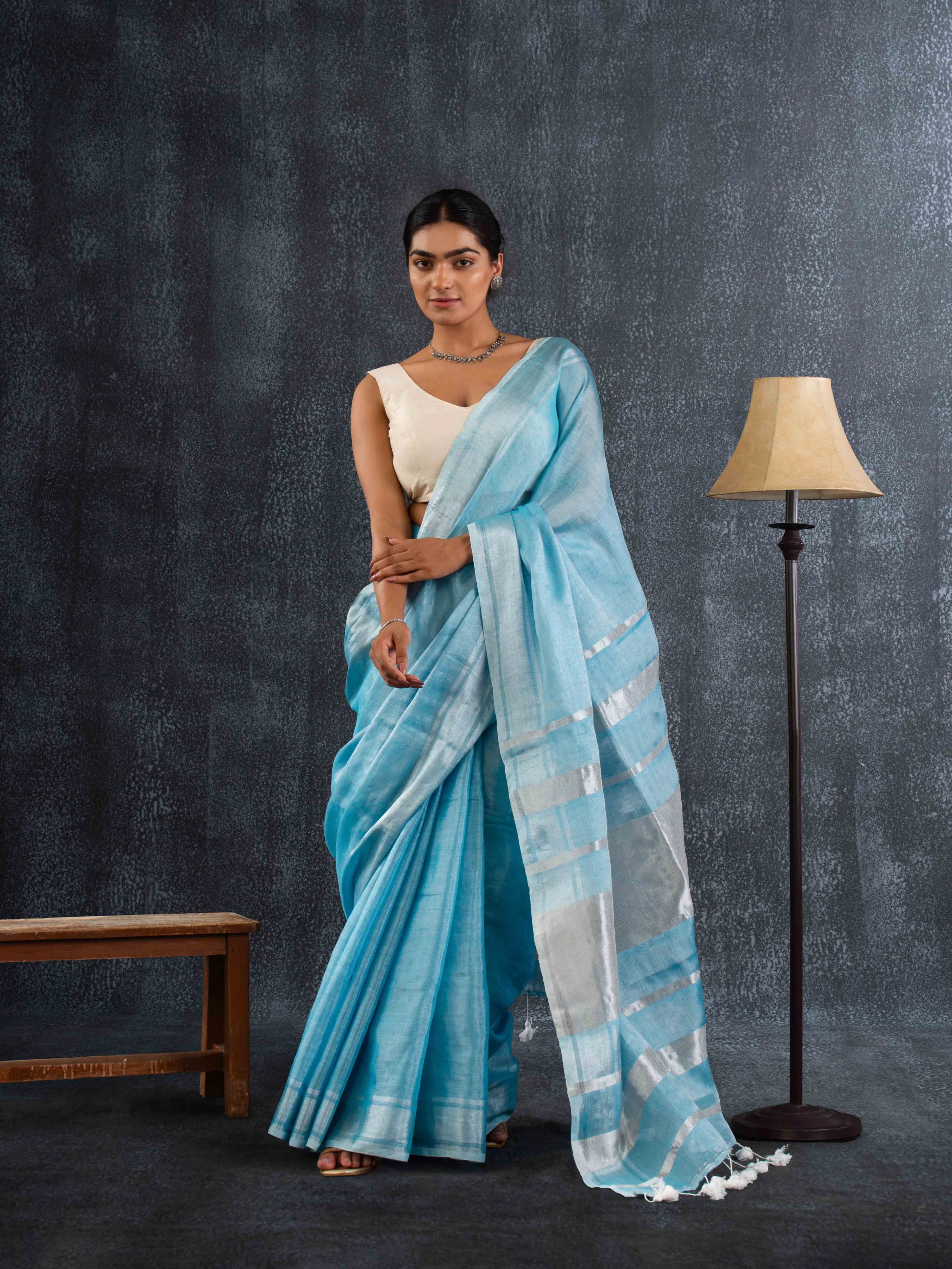 Airy Tissue Linen Striped Saree in Powder Blue