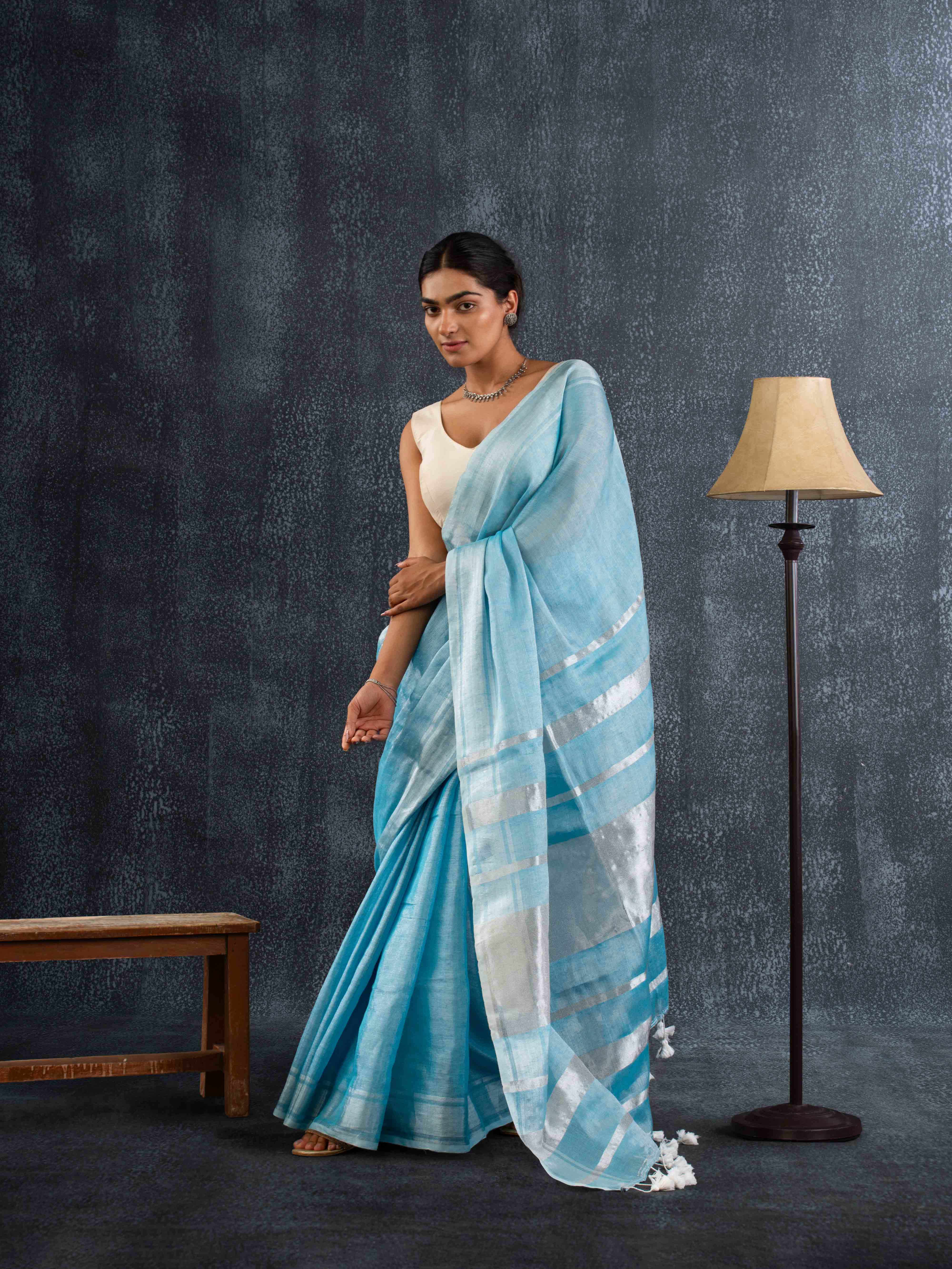 Airy Tissue Linen Striped Saree in Powder Blue