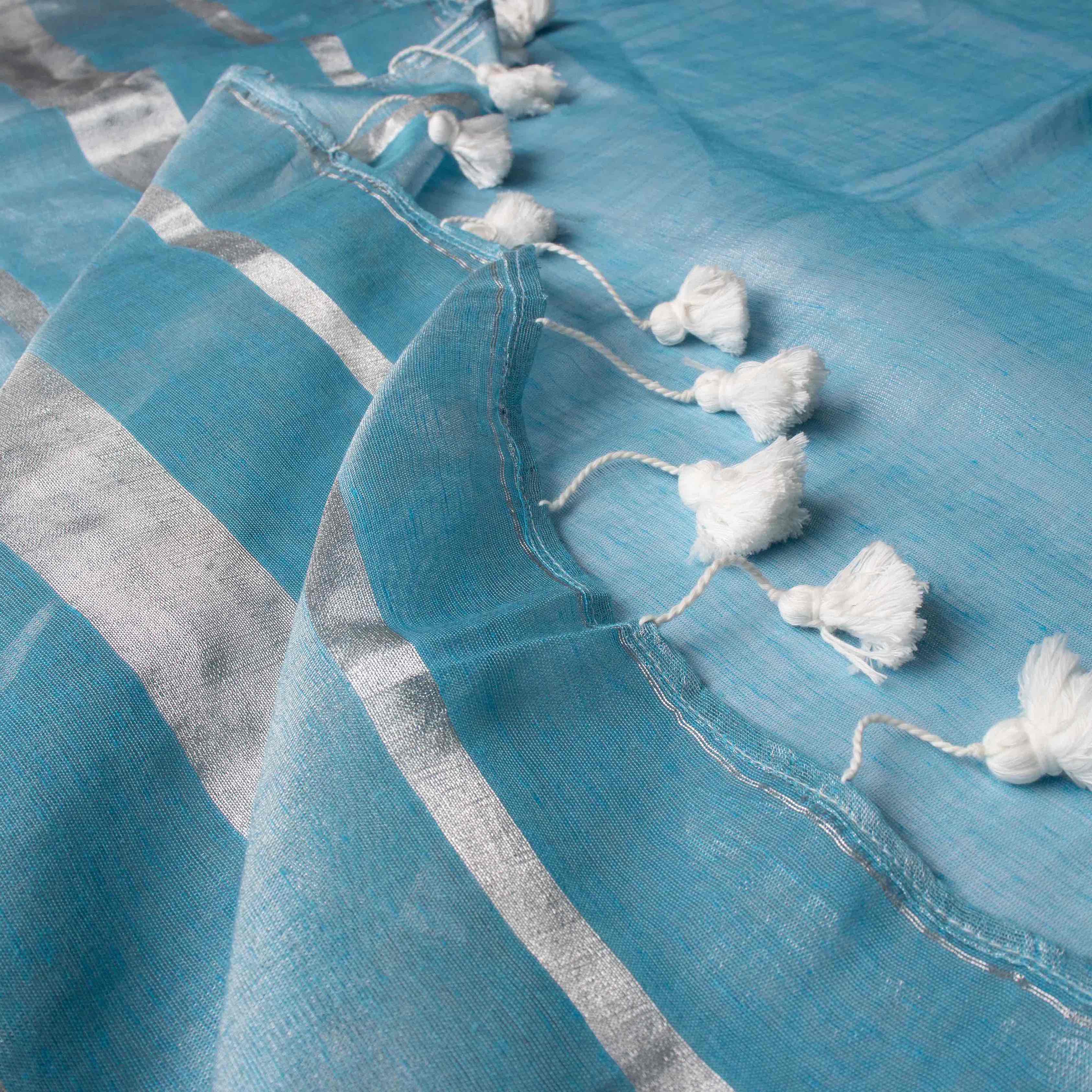 Airy Tissue Linen Striped Saree in Powder Blue