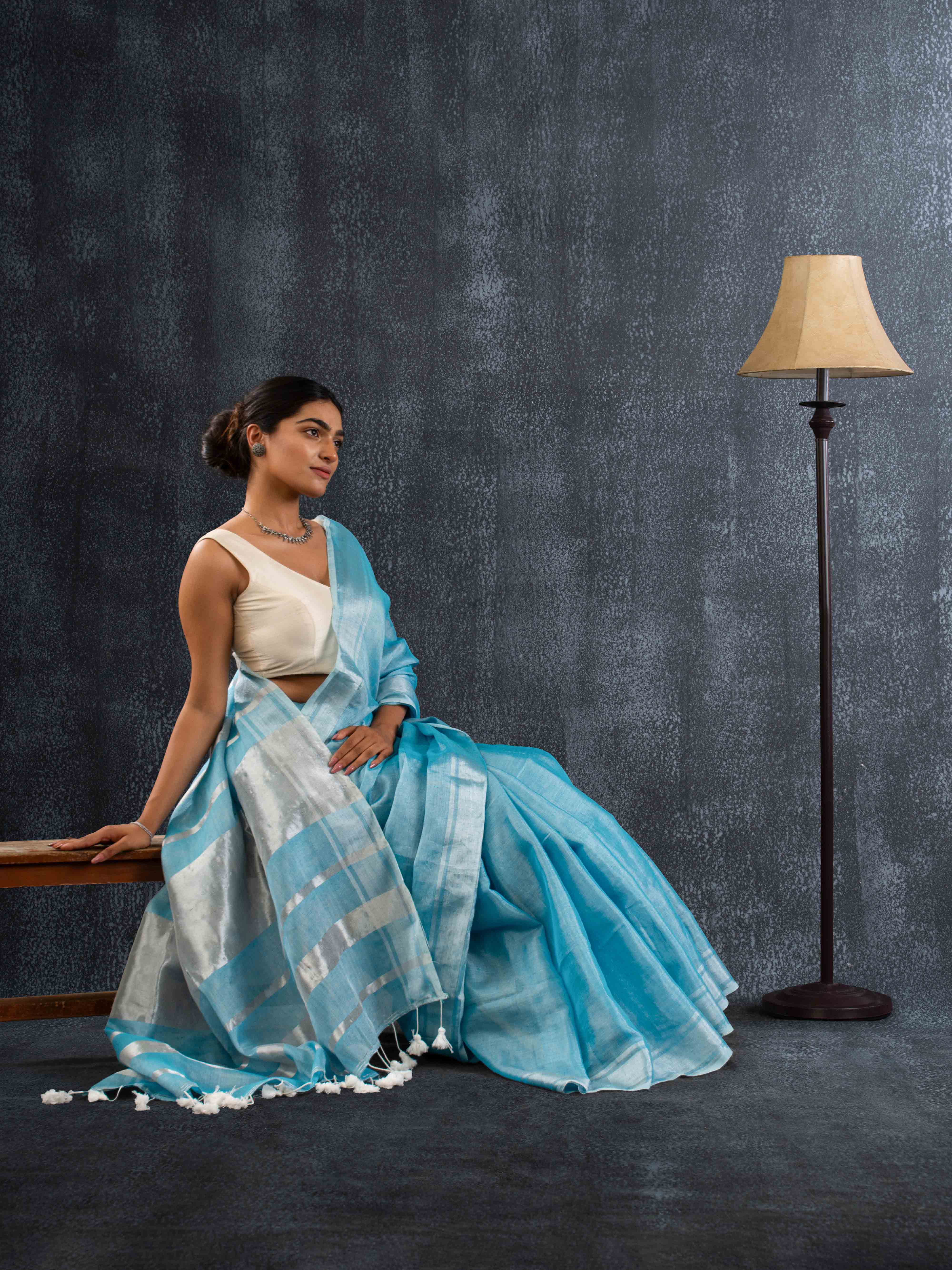 Airy Tissue Linen Striped Saree in Powder Blue