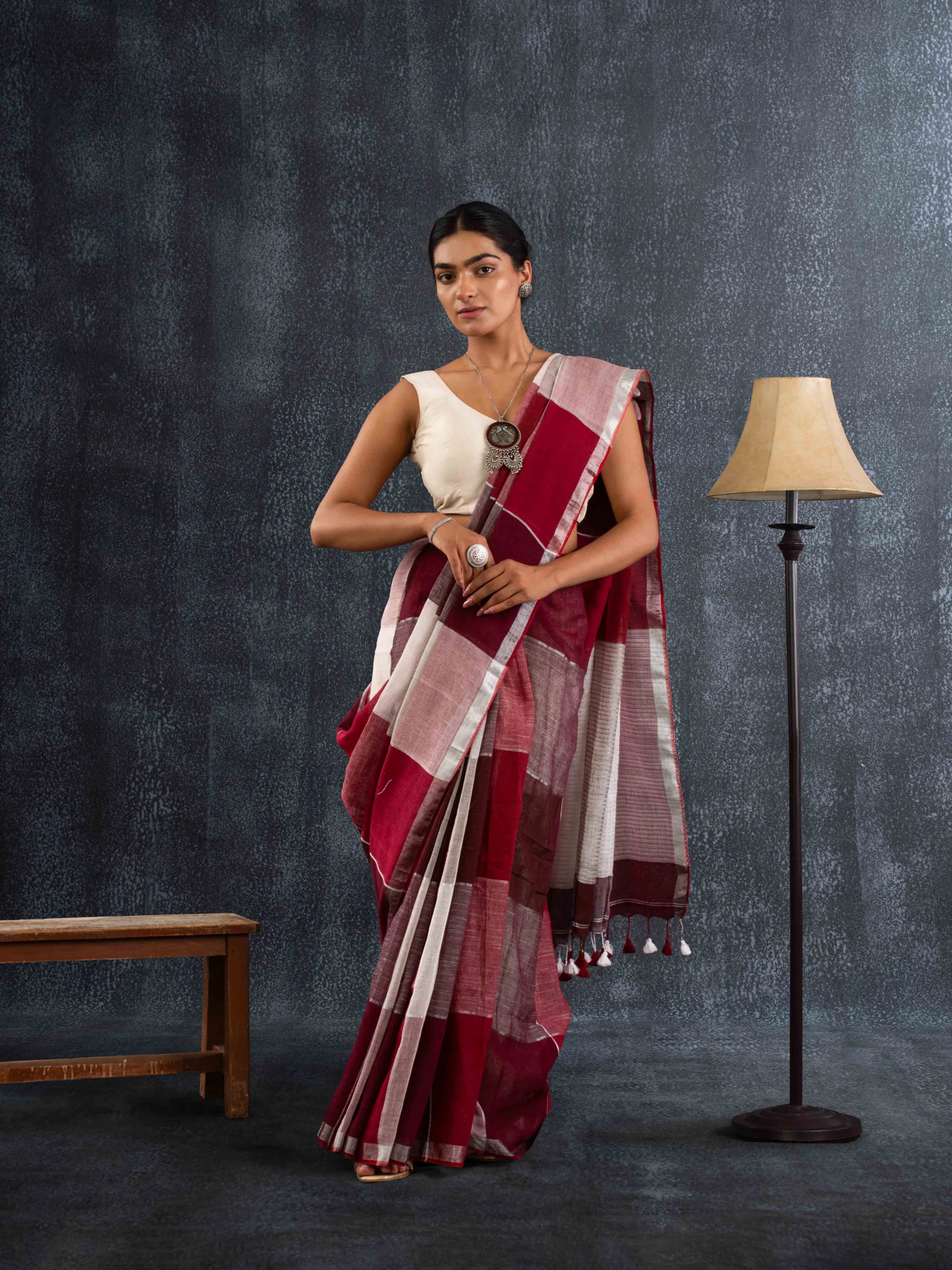 Cloud-like Pure Linen Saree in Maroon, Beige & Ivory