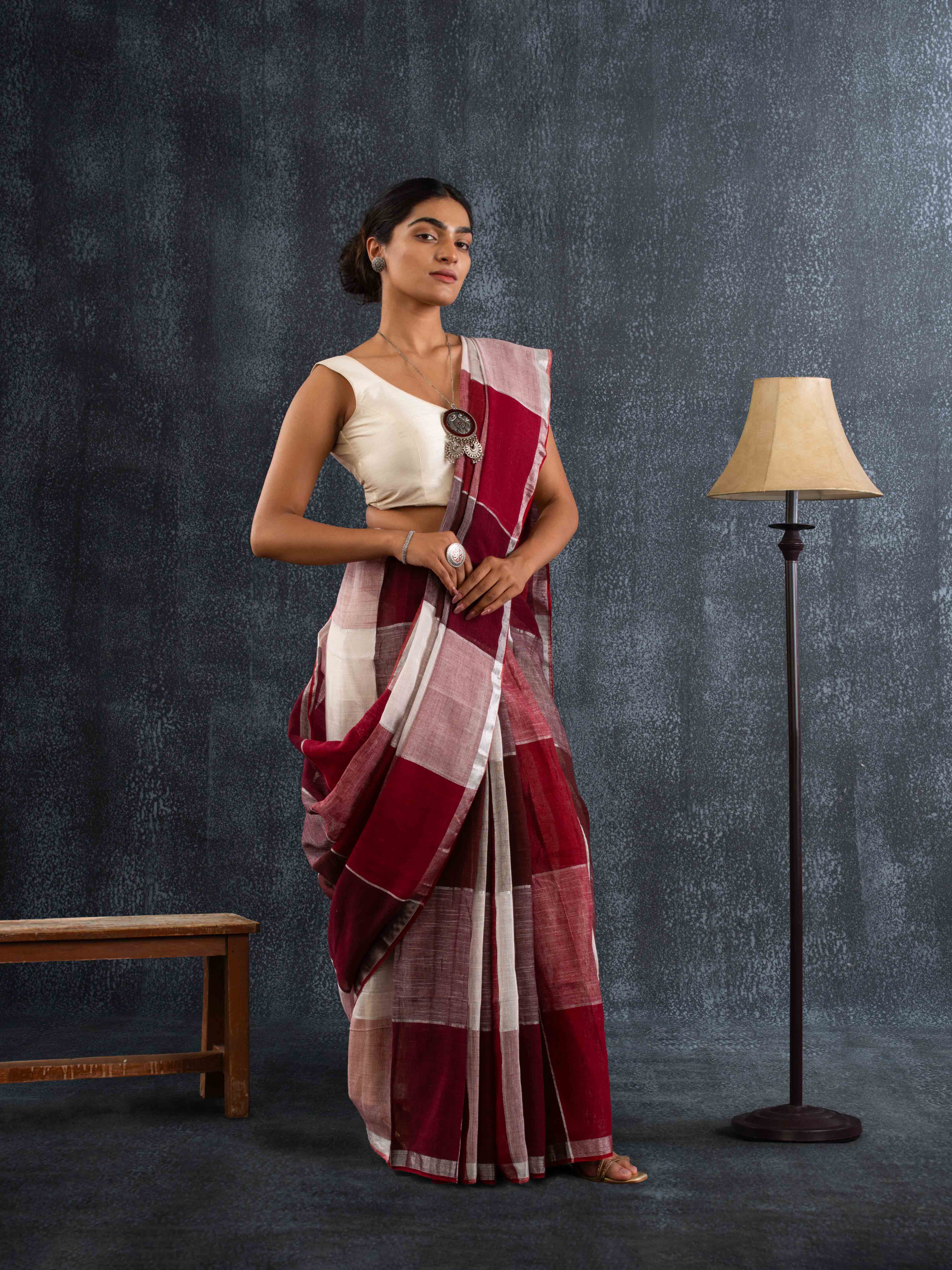 Cloud-like Pure Linen Saree in Maroon, Beige & Ivory