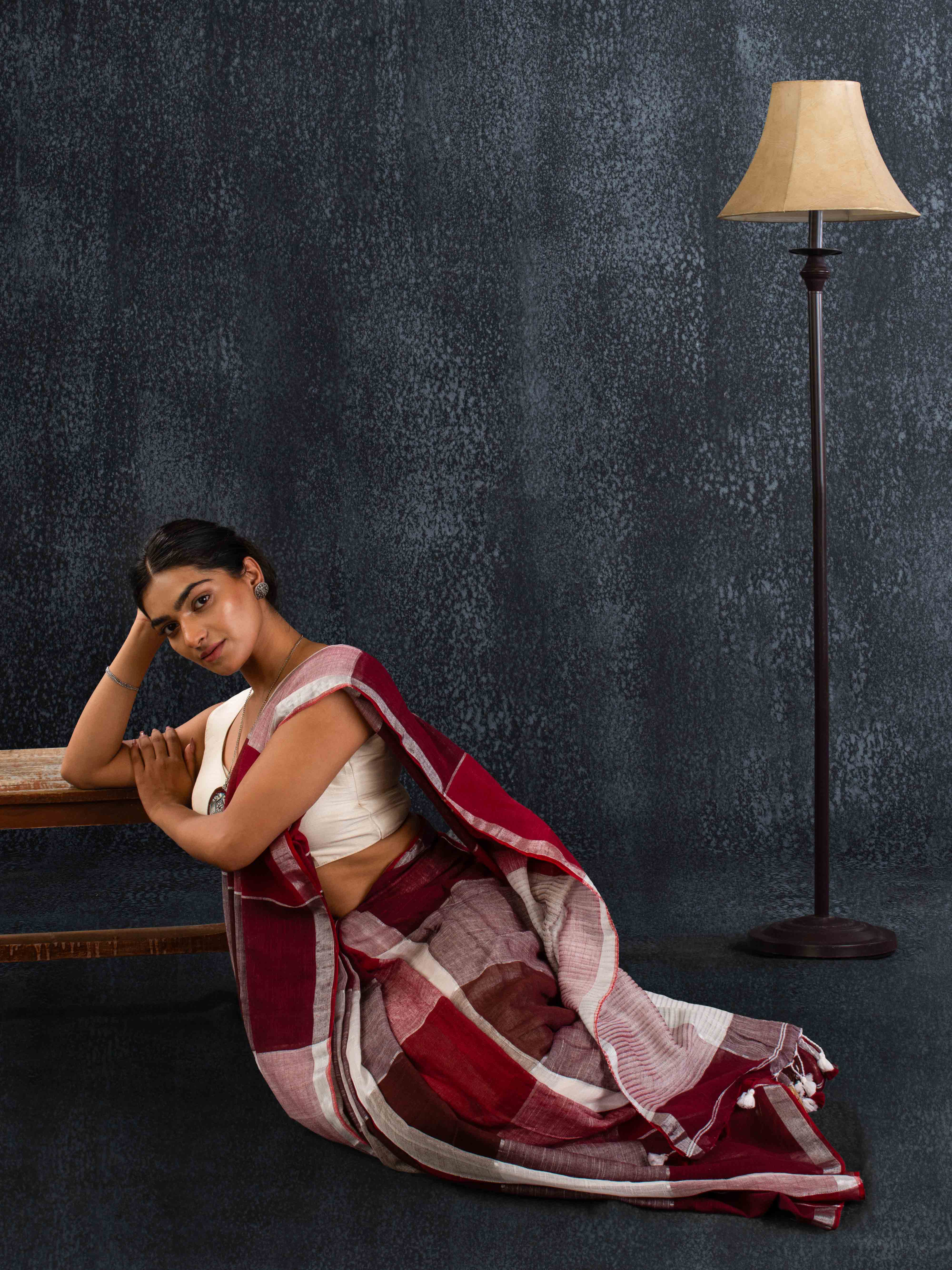 Cloud-like Pure Linen Saree in Maroon, Beige & Ivory