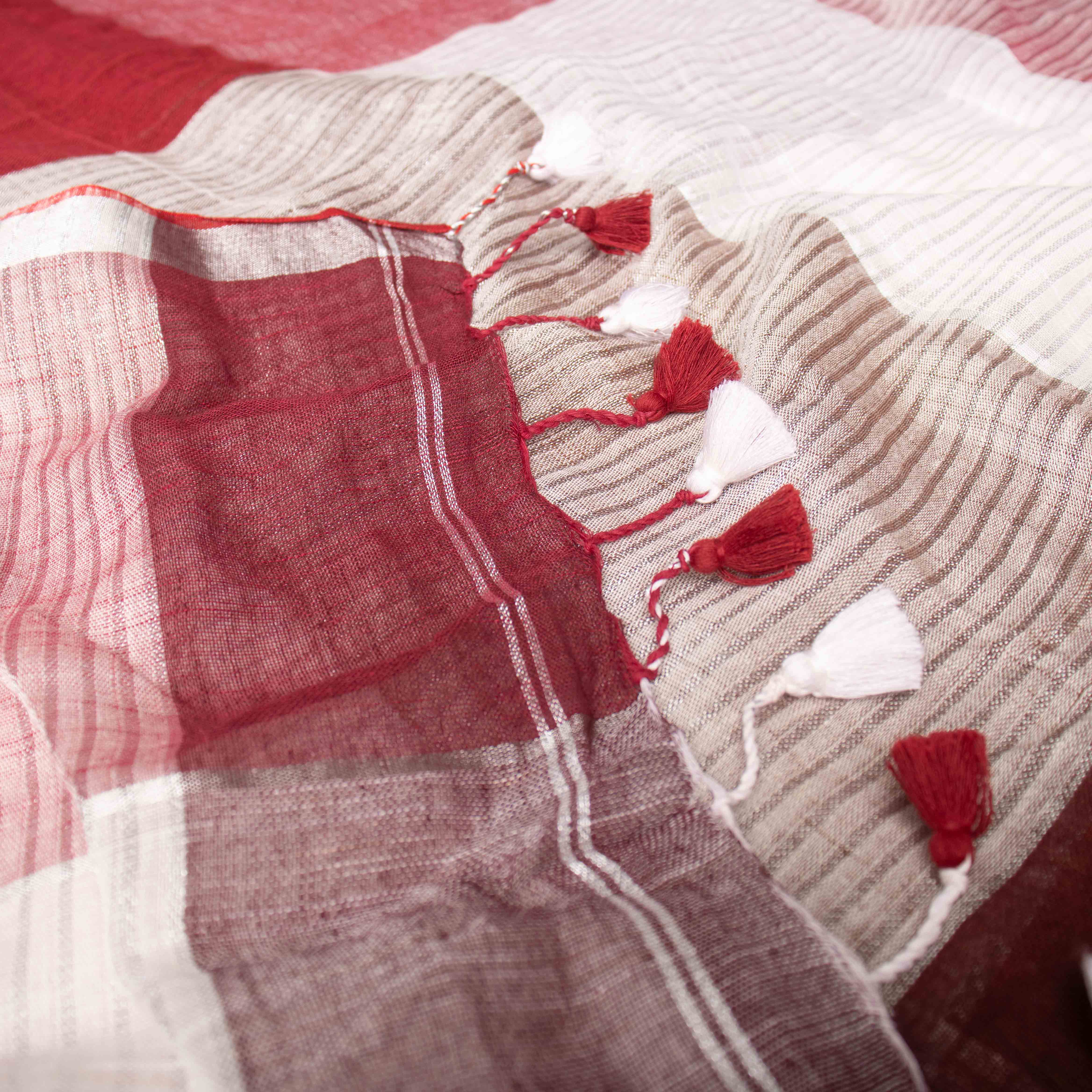 Cloud-like Pure Linen Saree in Maroon, Beige & Ivory