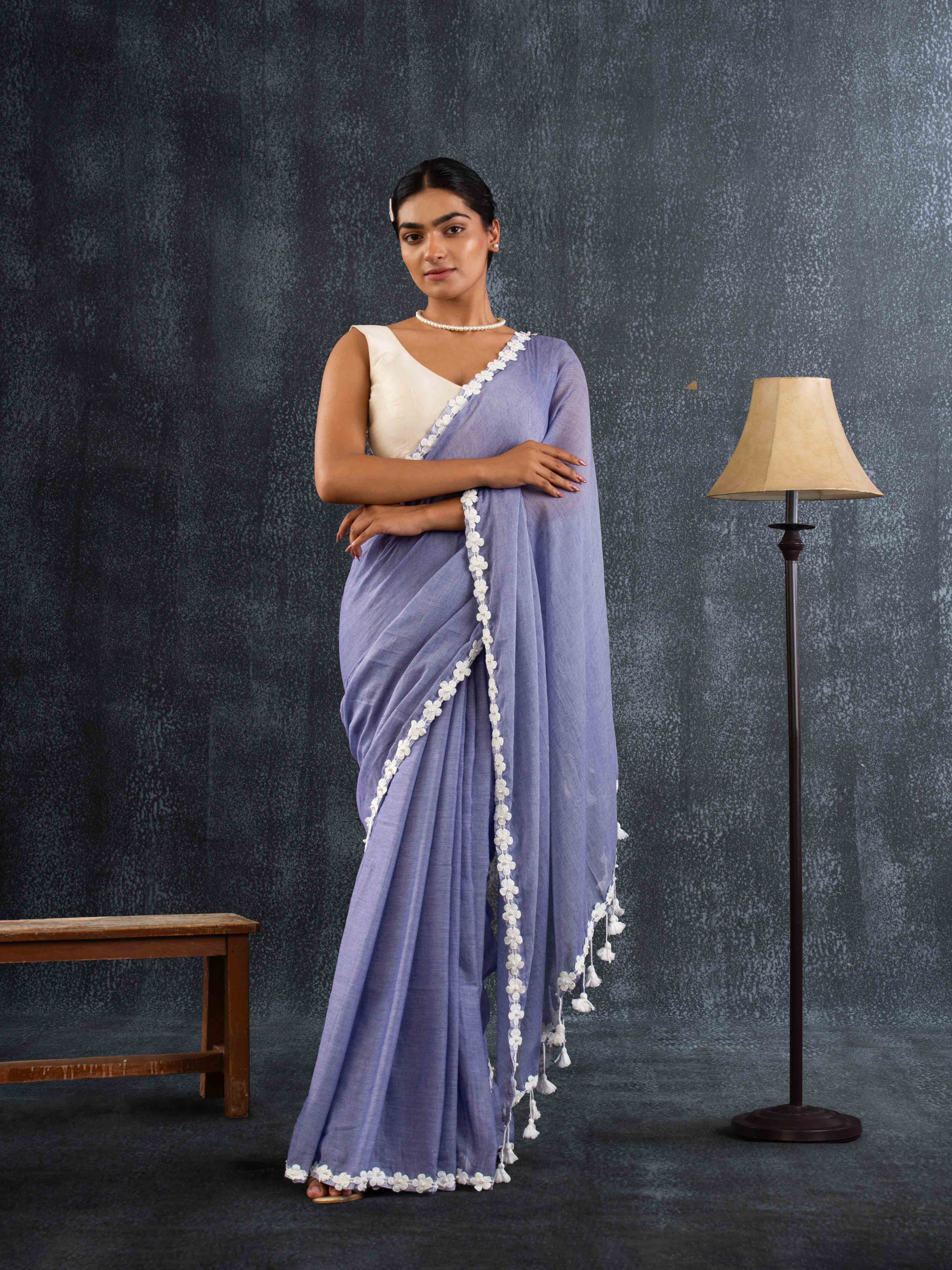 Ultra-soft Denim Blue Mul Cotton Saree with Floral Applique