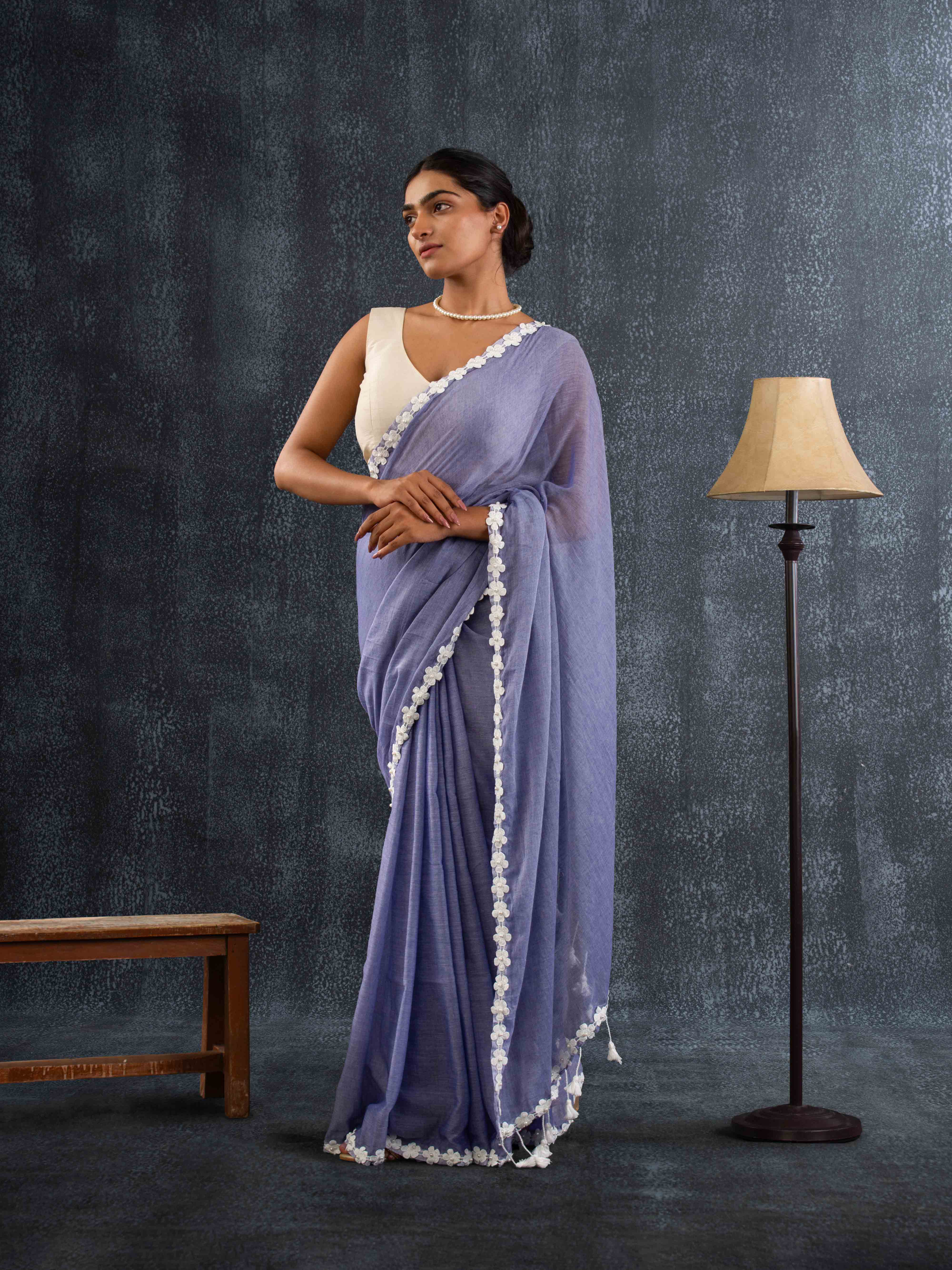 Ultra-soft Denim Blue Mul Cotton Saree with Floral Applique