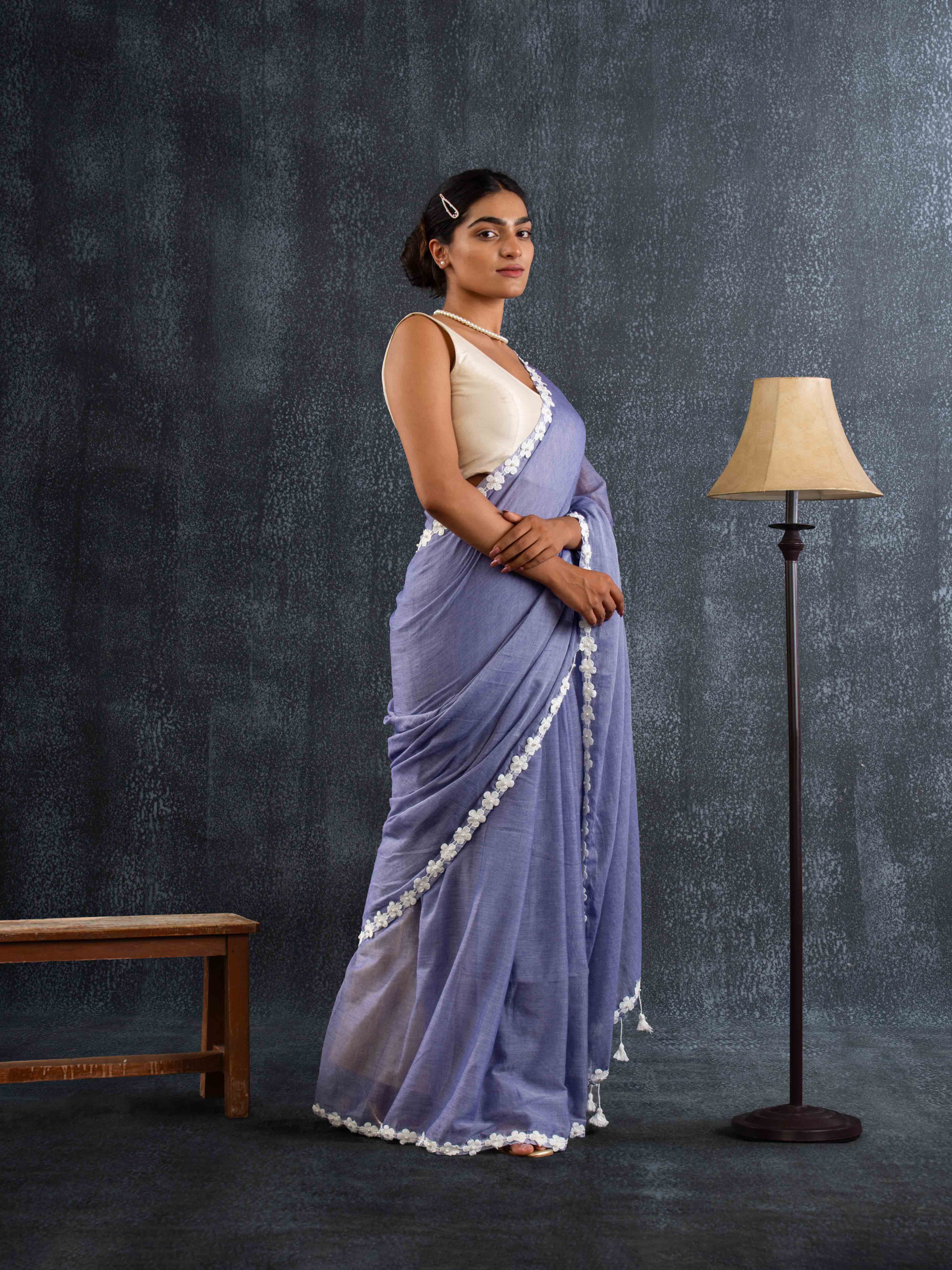 Ultra-soft Denim Blue Mul Cotton Saree with Floral Applique