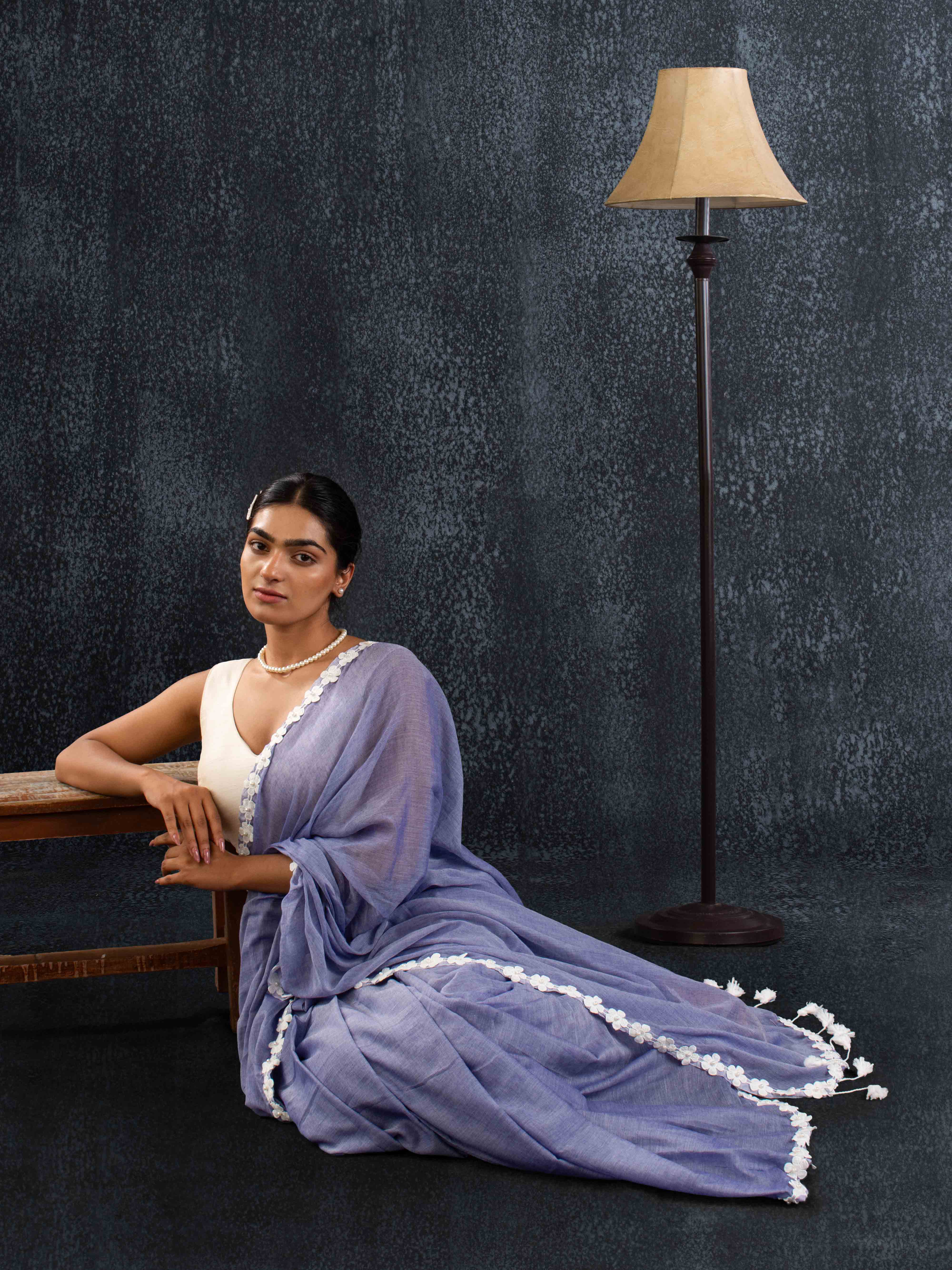 Ultra-soft Denim Blue Mul Cotton Saree with Floral Applique