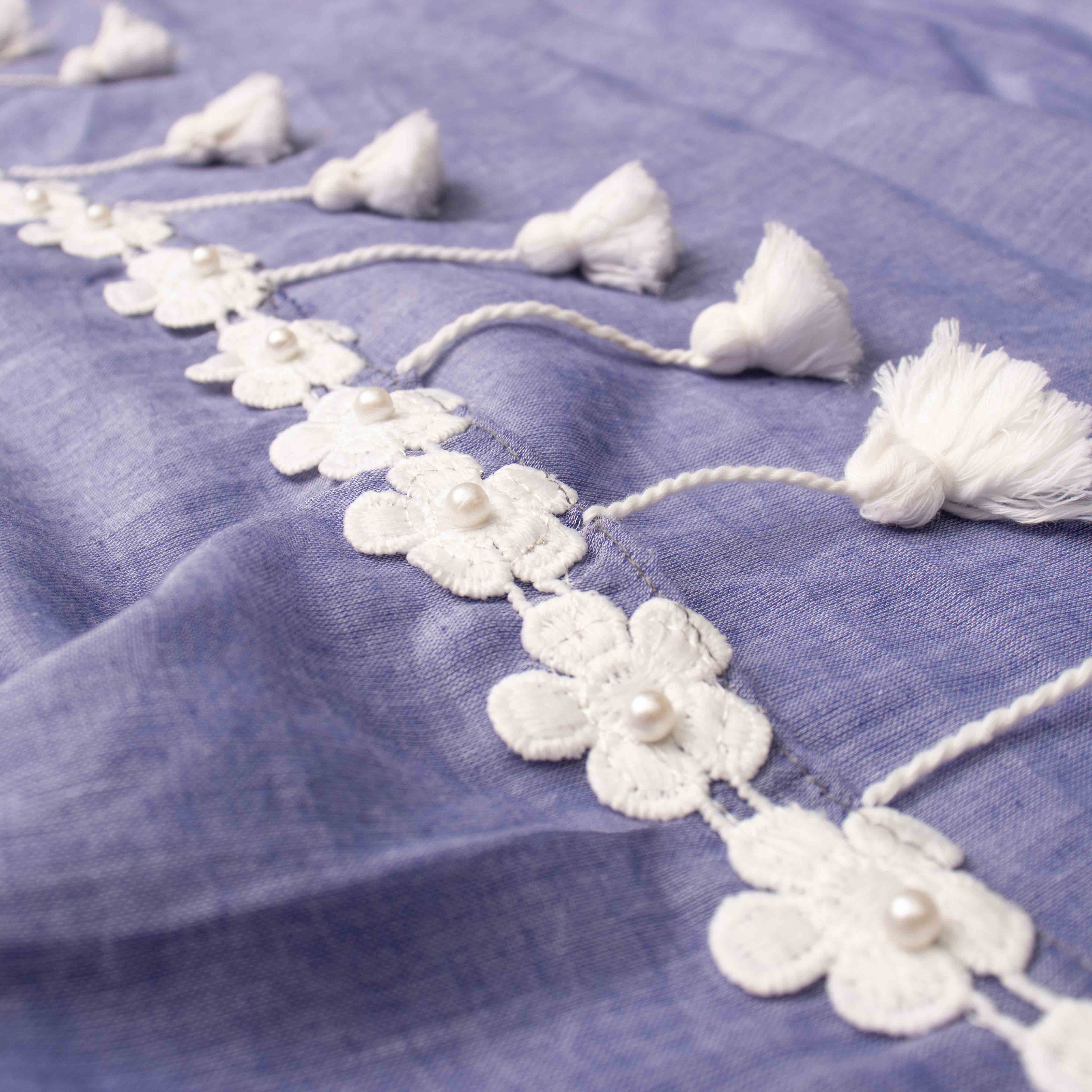 Ultra-soft Denim Blue Mul Cotton Saree with Floral Applique