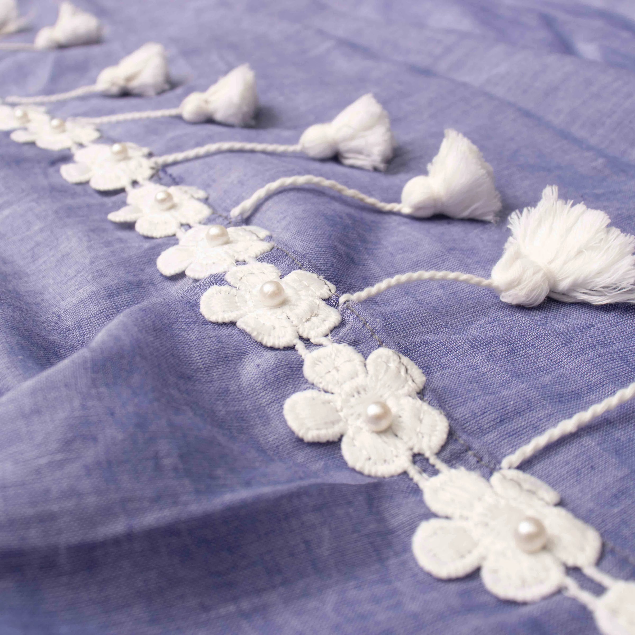Ultra-soft Denim Blue Mul Cotton Saree with Floral Applique