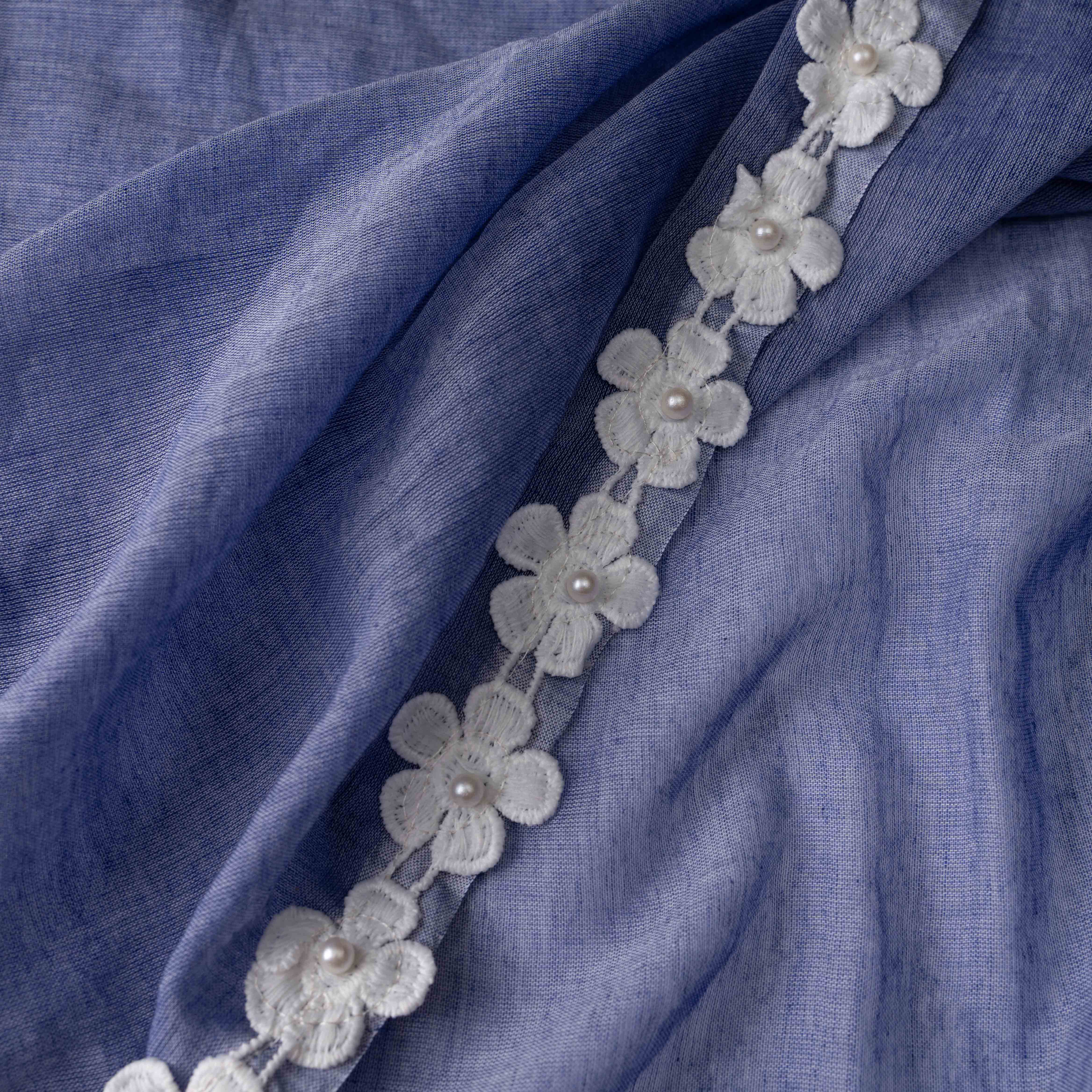 Ultra-soft Denim Blue Mul Cotton Saree with Floral Applique