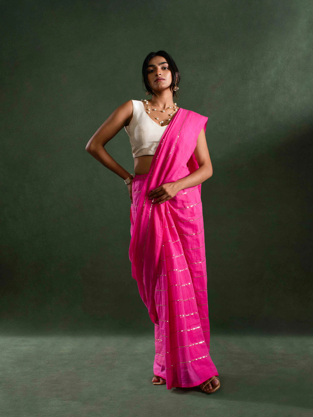 Whisper-light Mul Cotton Saree in Hot Pink with Zari Stripes