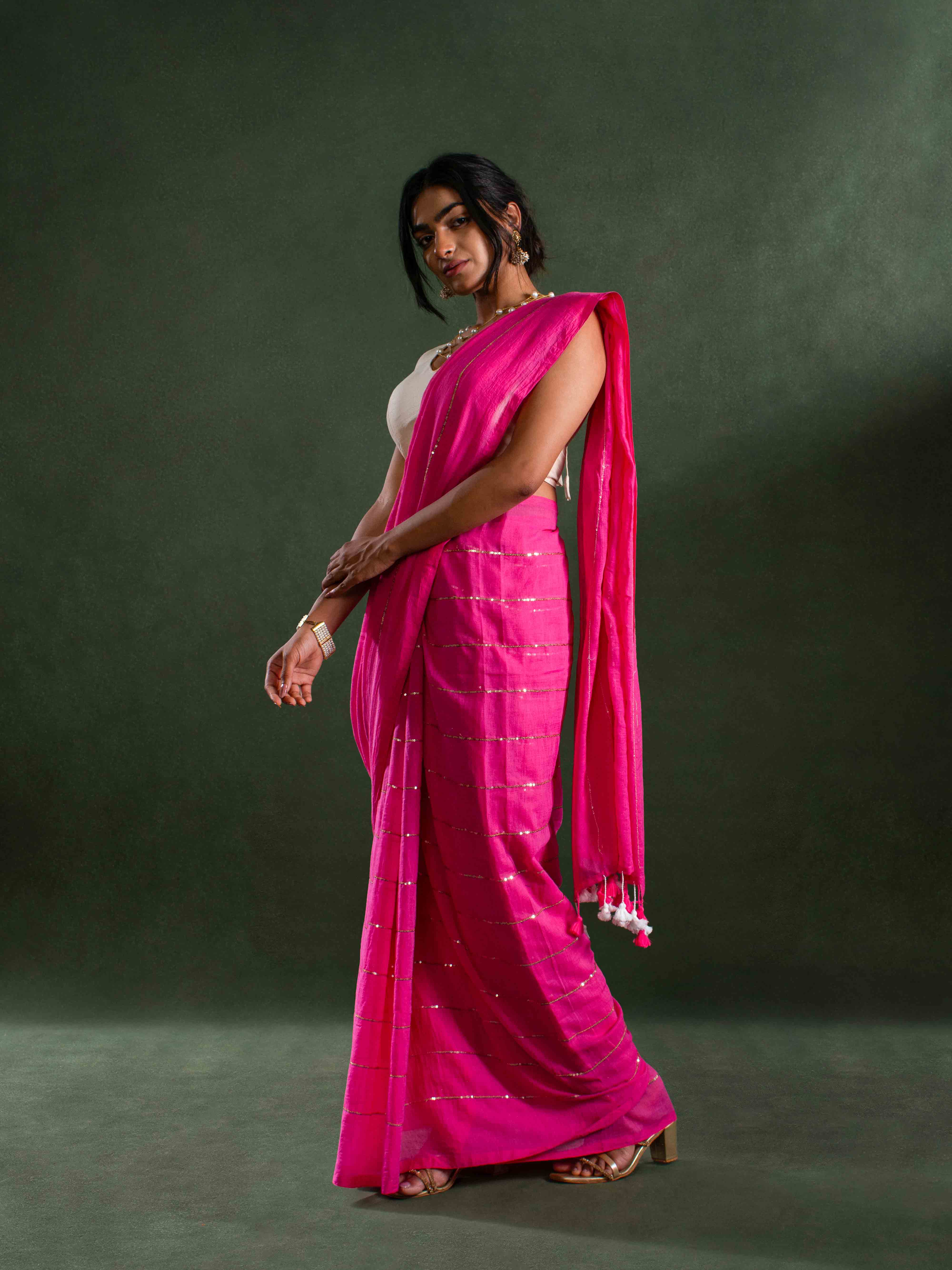 Whisper-light Mul Cotton Saree in Hot Pink with Zari Stripes