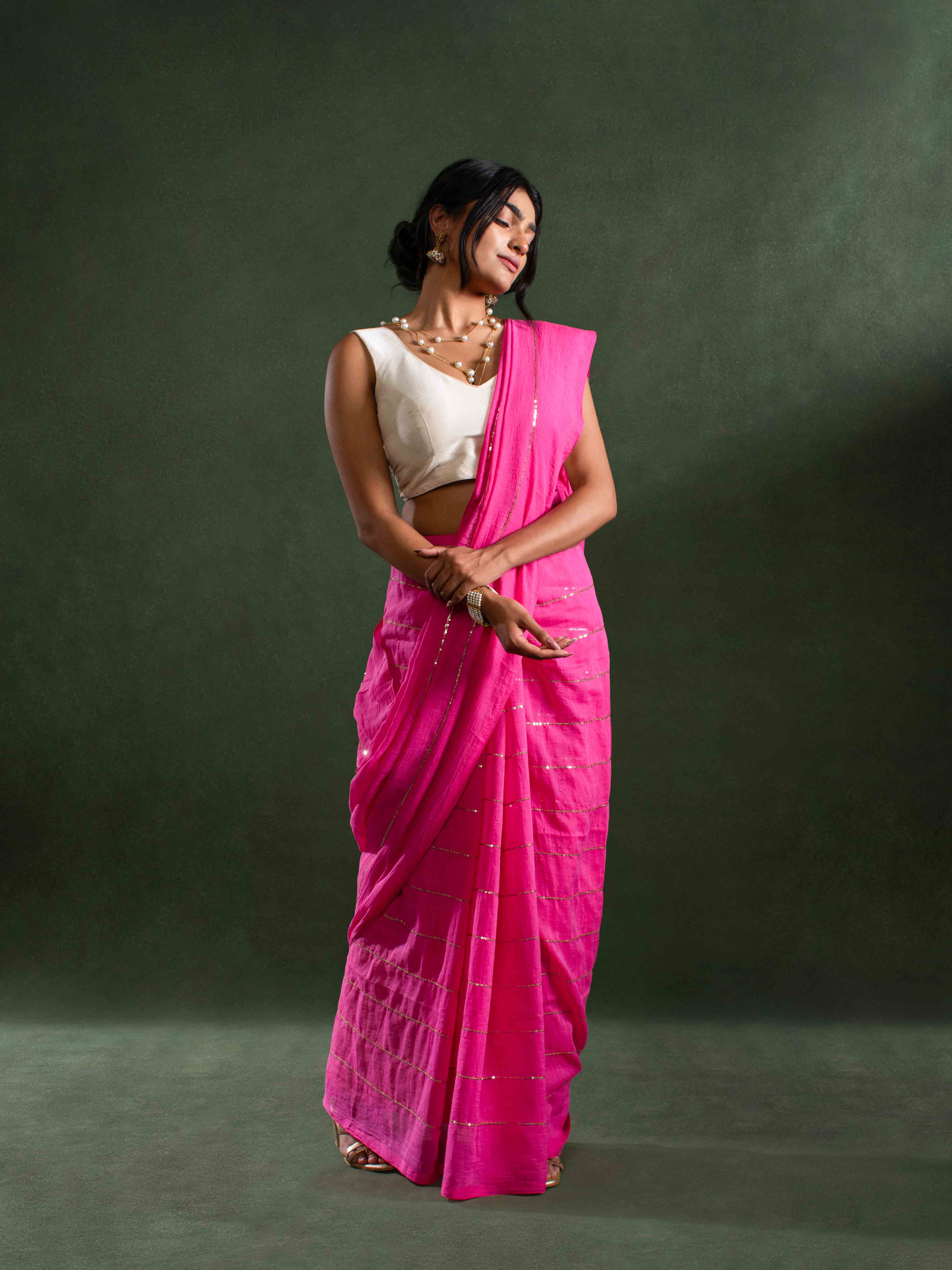 Whisper-light Mul Cotton Saree in Hot Pink with Zari Stripes