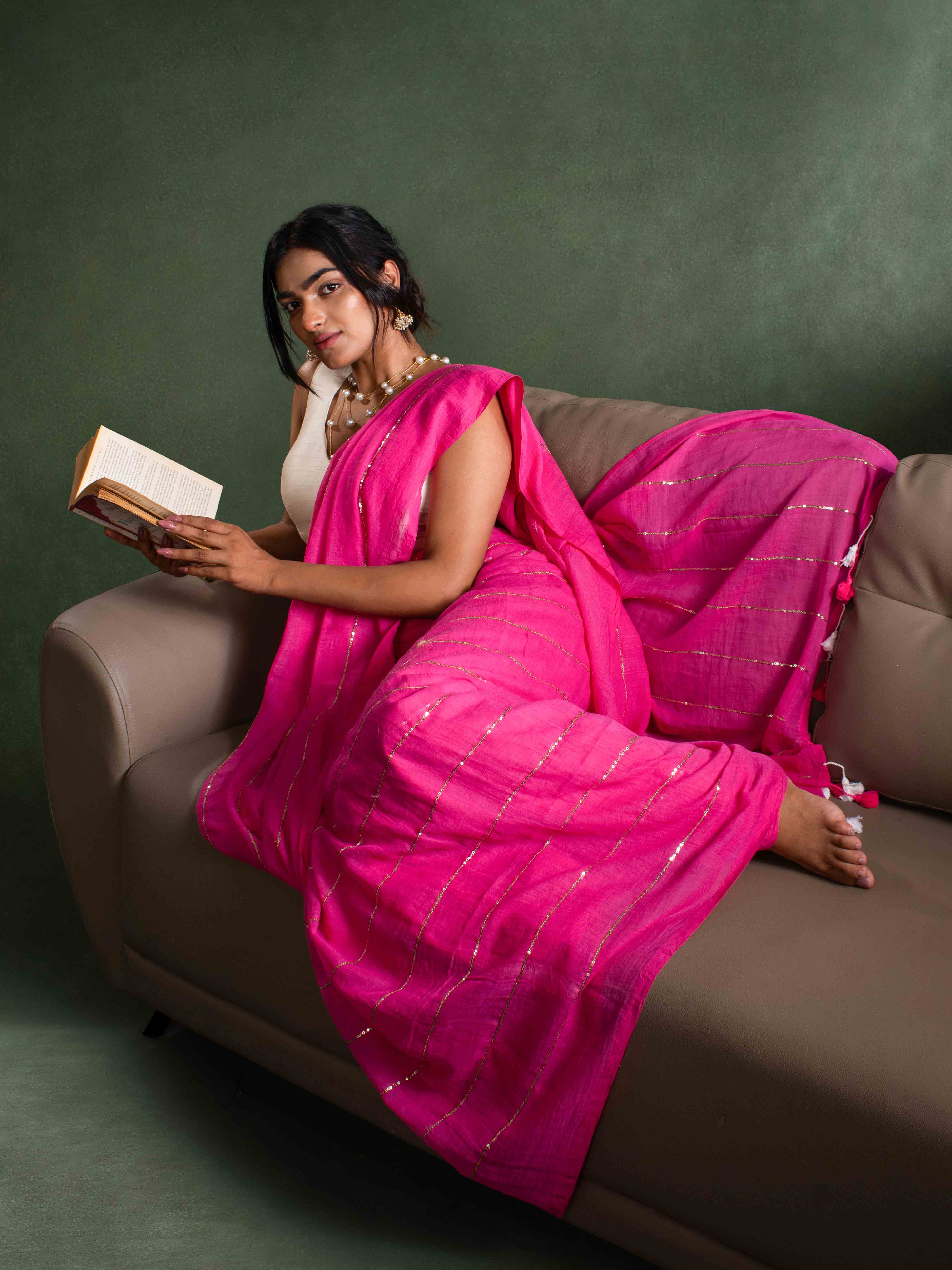 Whisper-light Mul Cotton Saree in Hot Pink with Zari Stripes