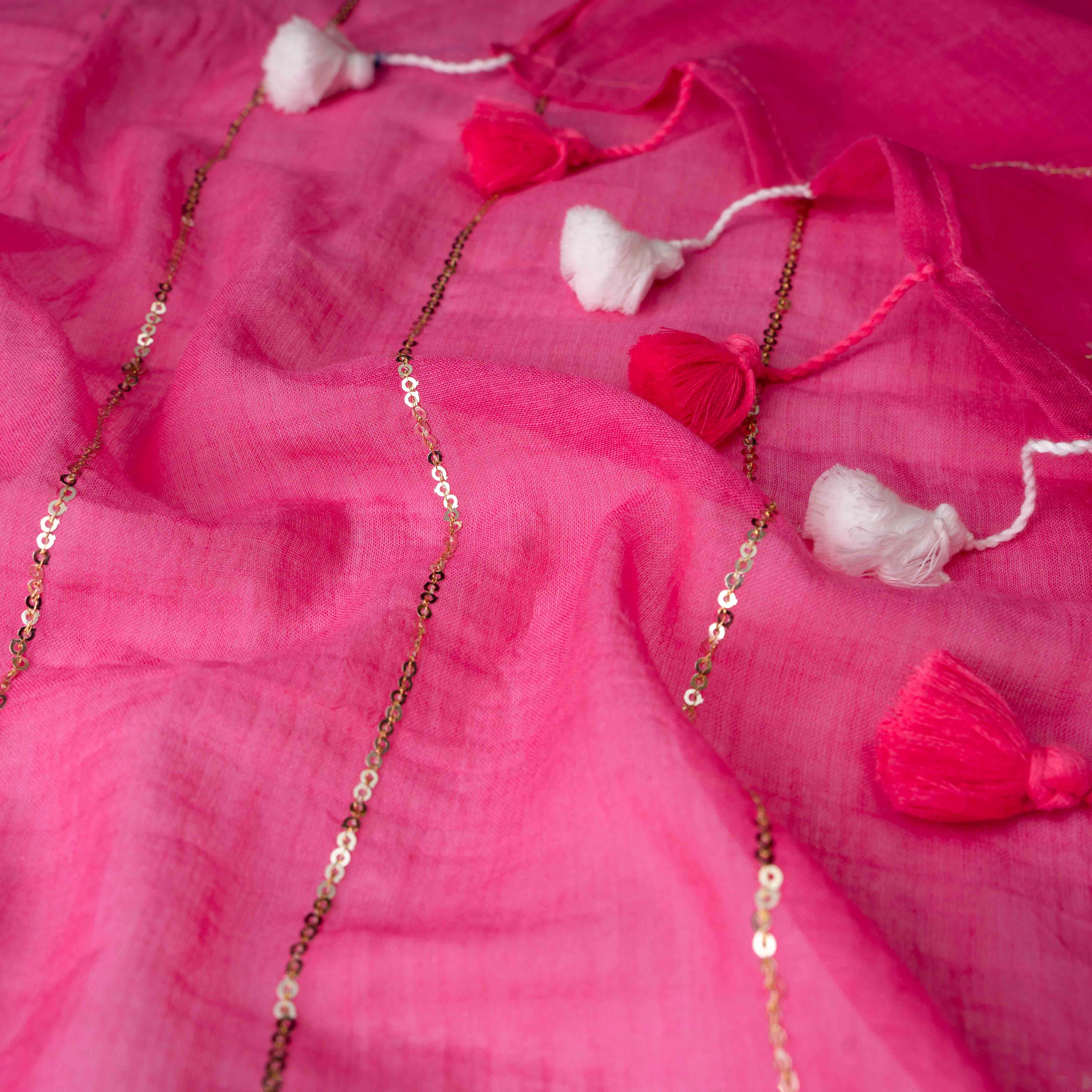 Whisper-light Mul Cotton Saree in Hot Pink with Zari Stripes