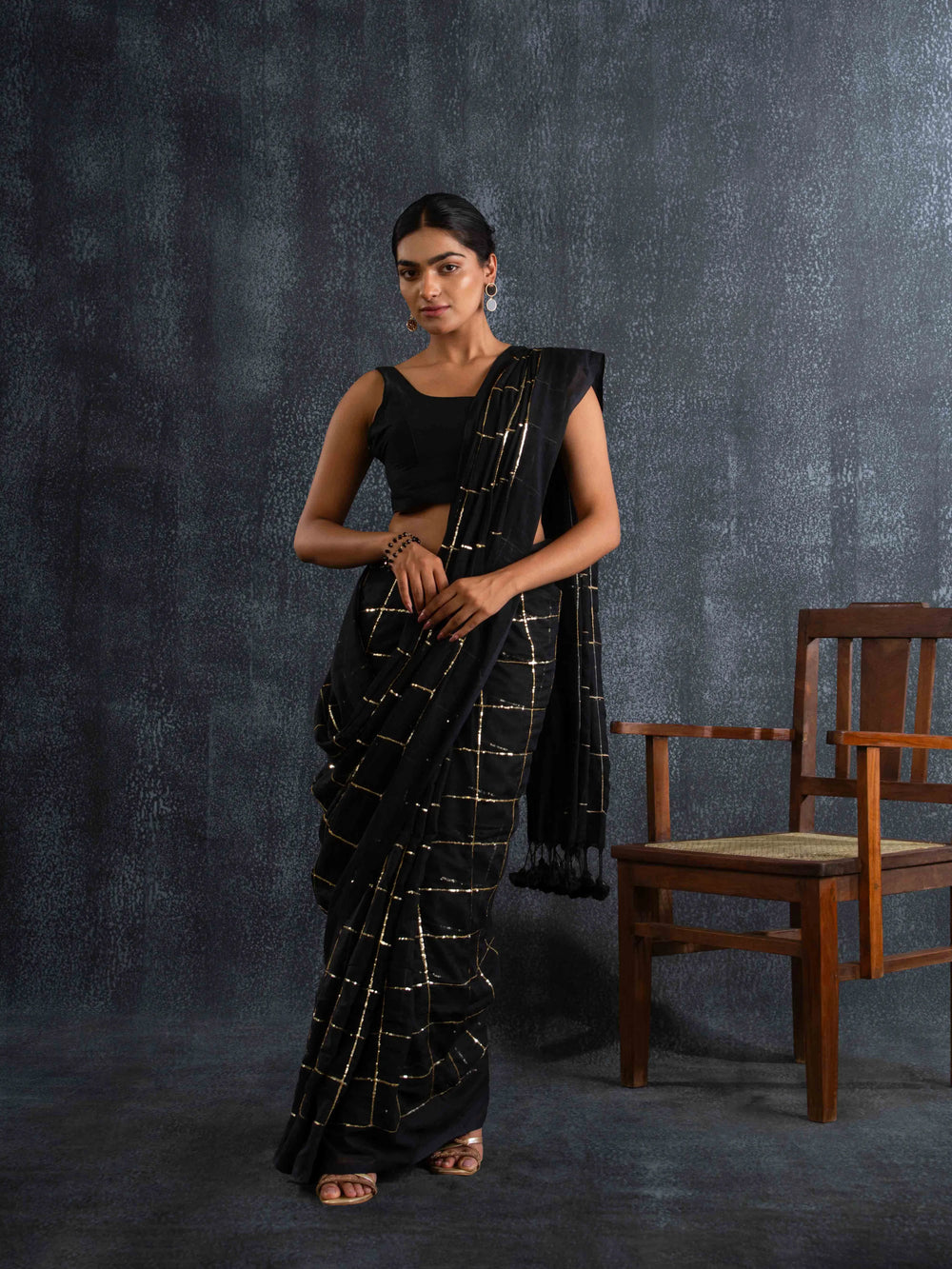 Breezy Mul Cotton Saree in Black with Zari Checks