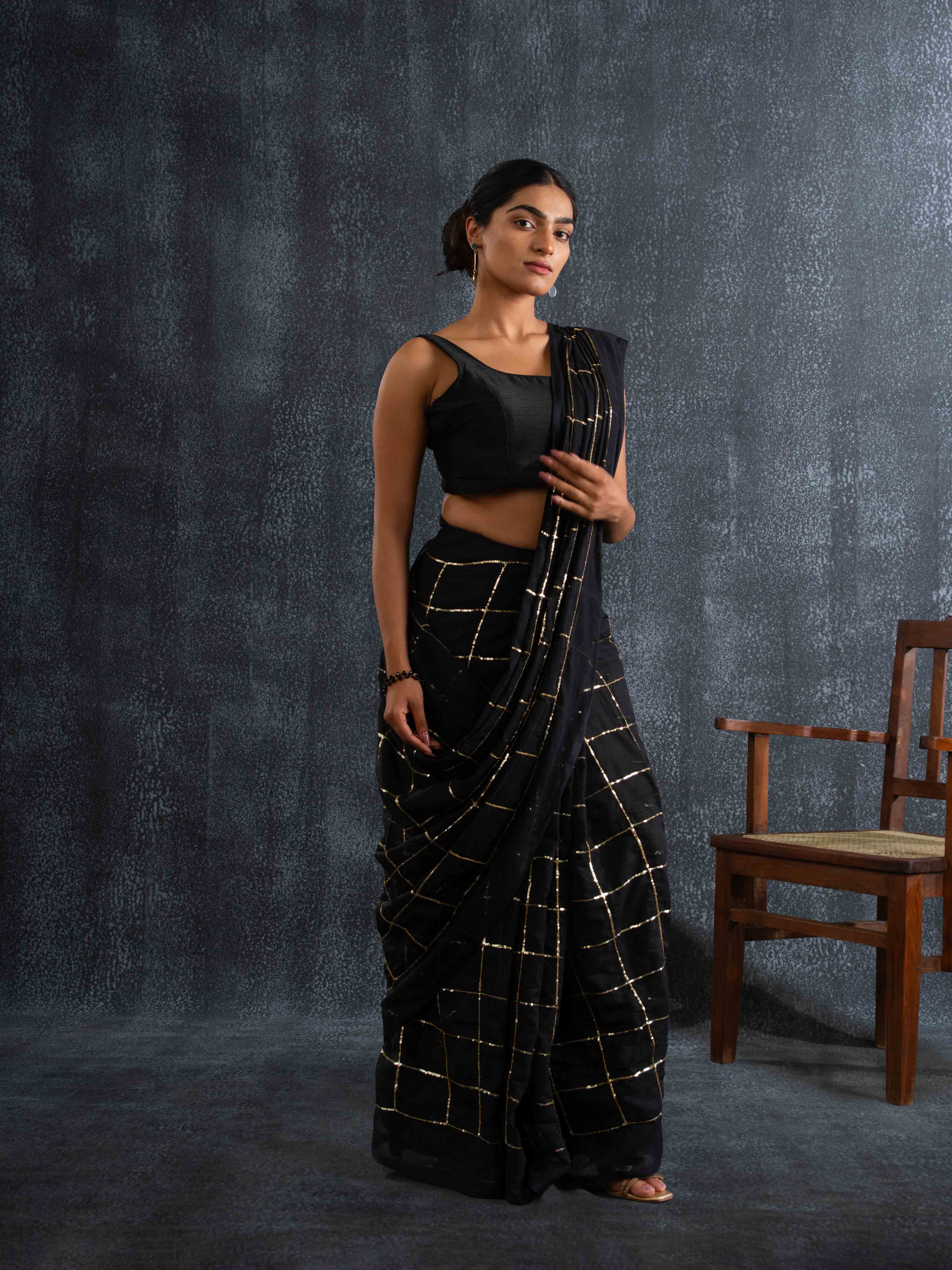 Breezy Mul Cotton Saree in Black with Zari Checks
