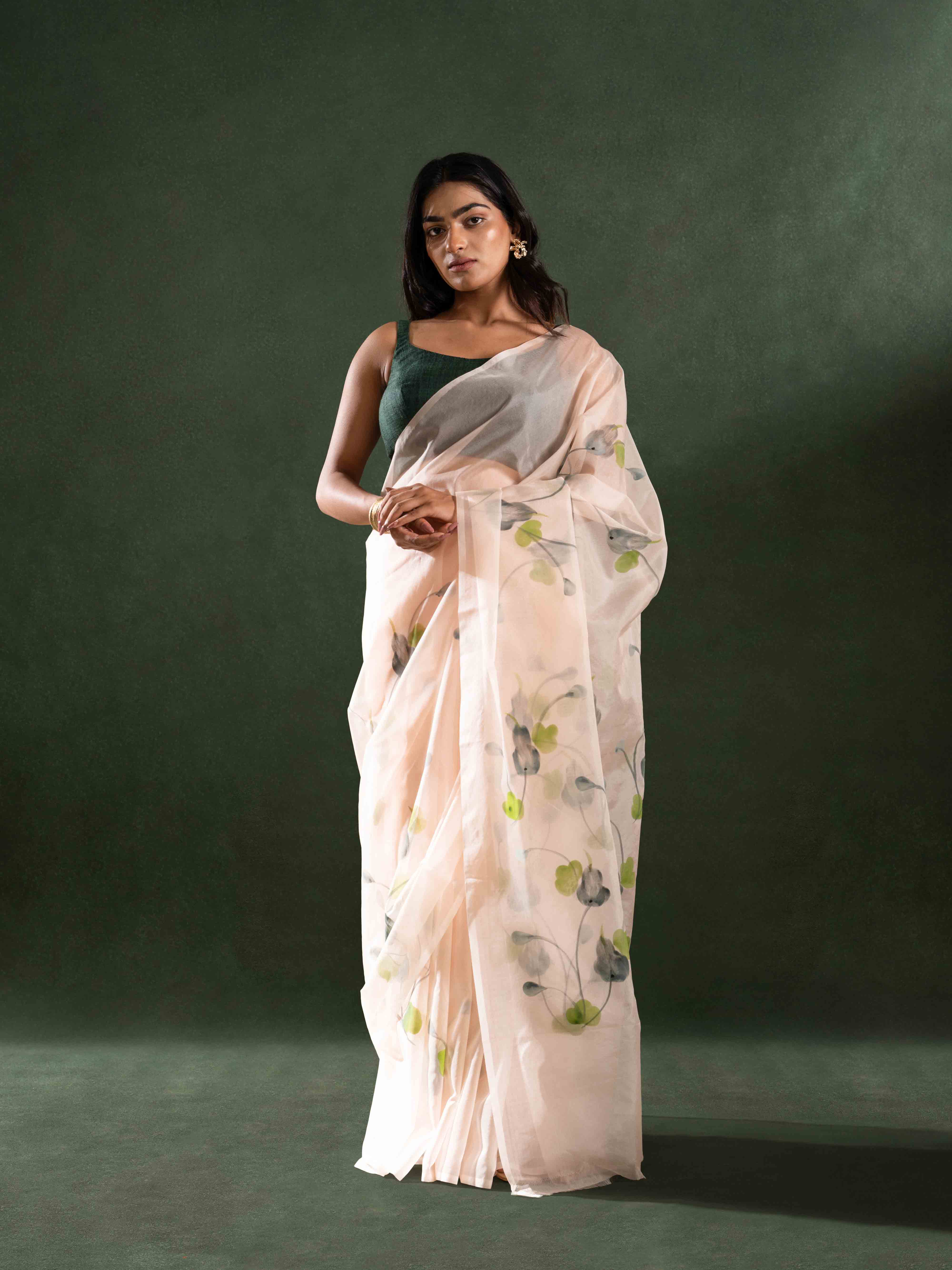 Flowy Organza Silk Hand-Painted Saree – Blush Beige
