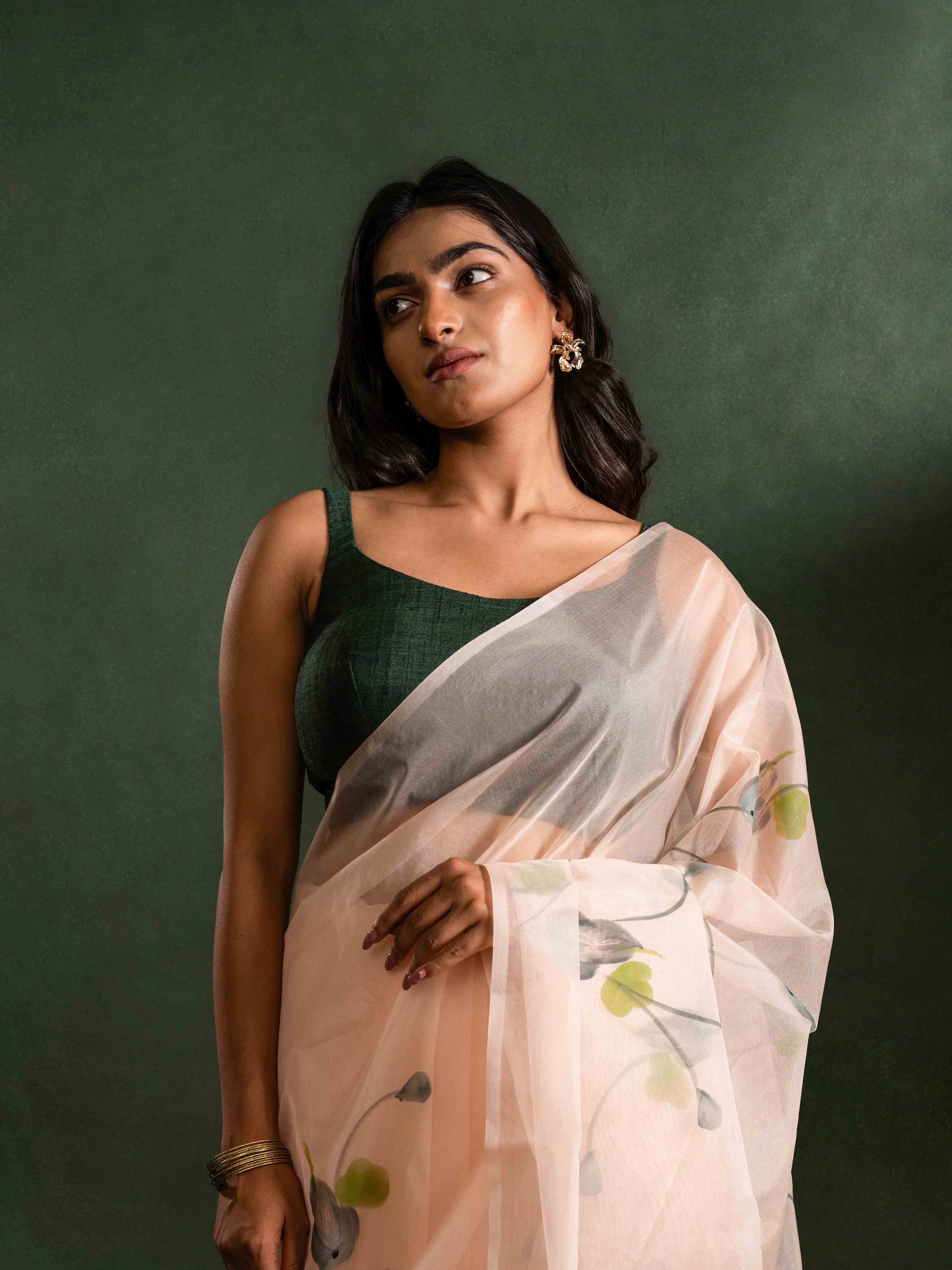 Flowy Organza Silk Hand-Painted Saree – Blush Beige