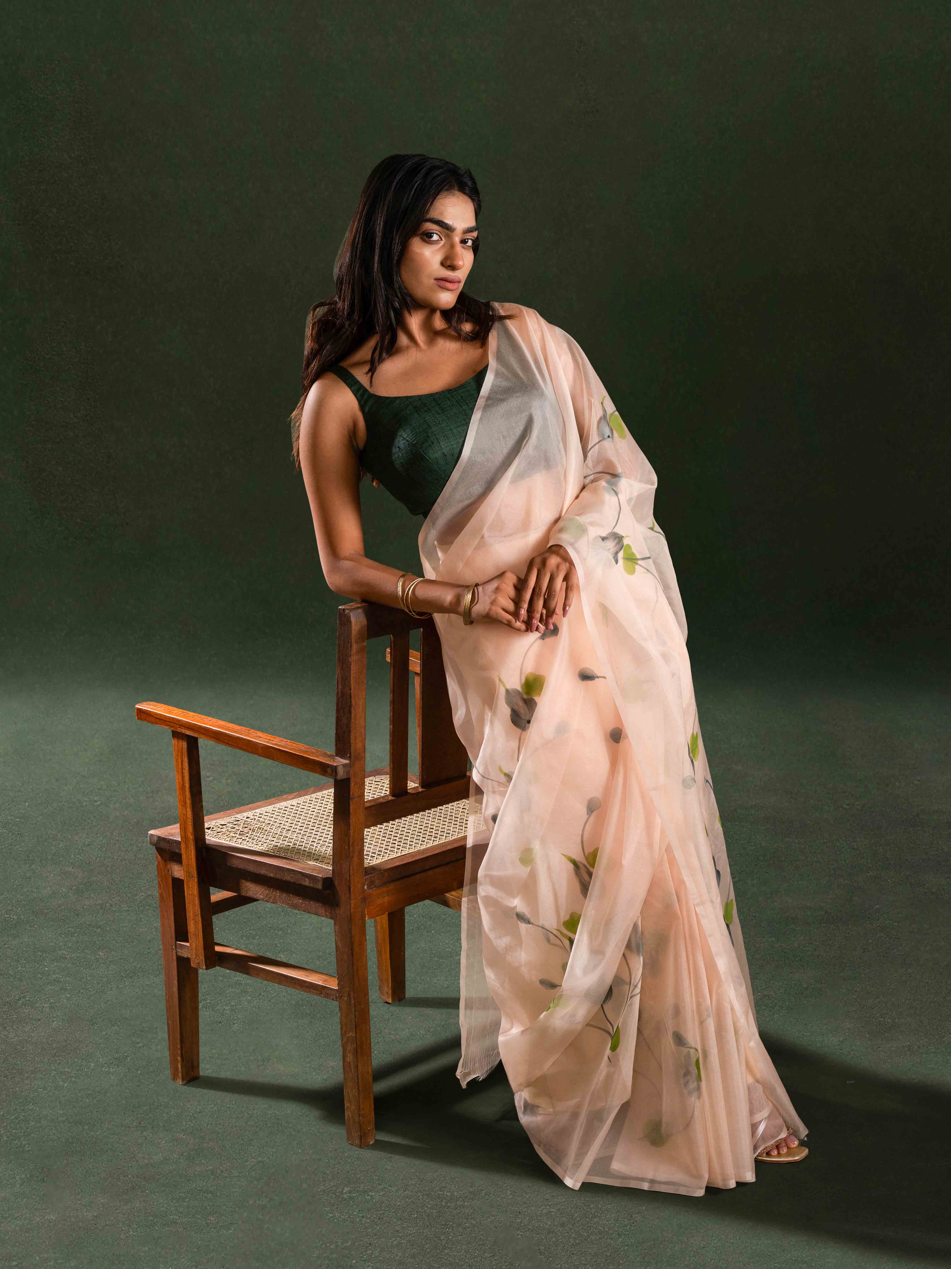 Flowy Organza Silk Hand-Painted Saree – Blush Beige