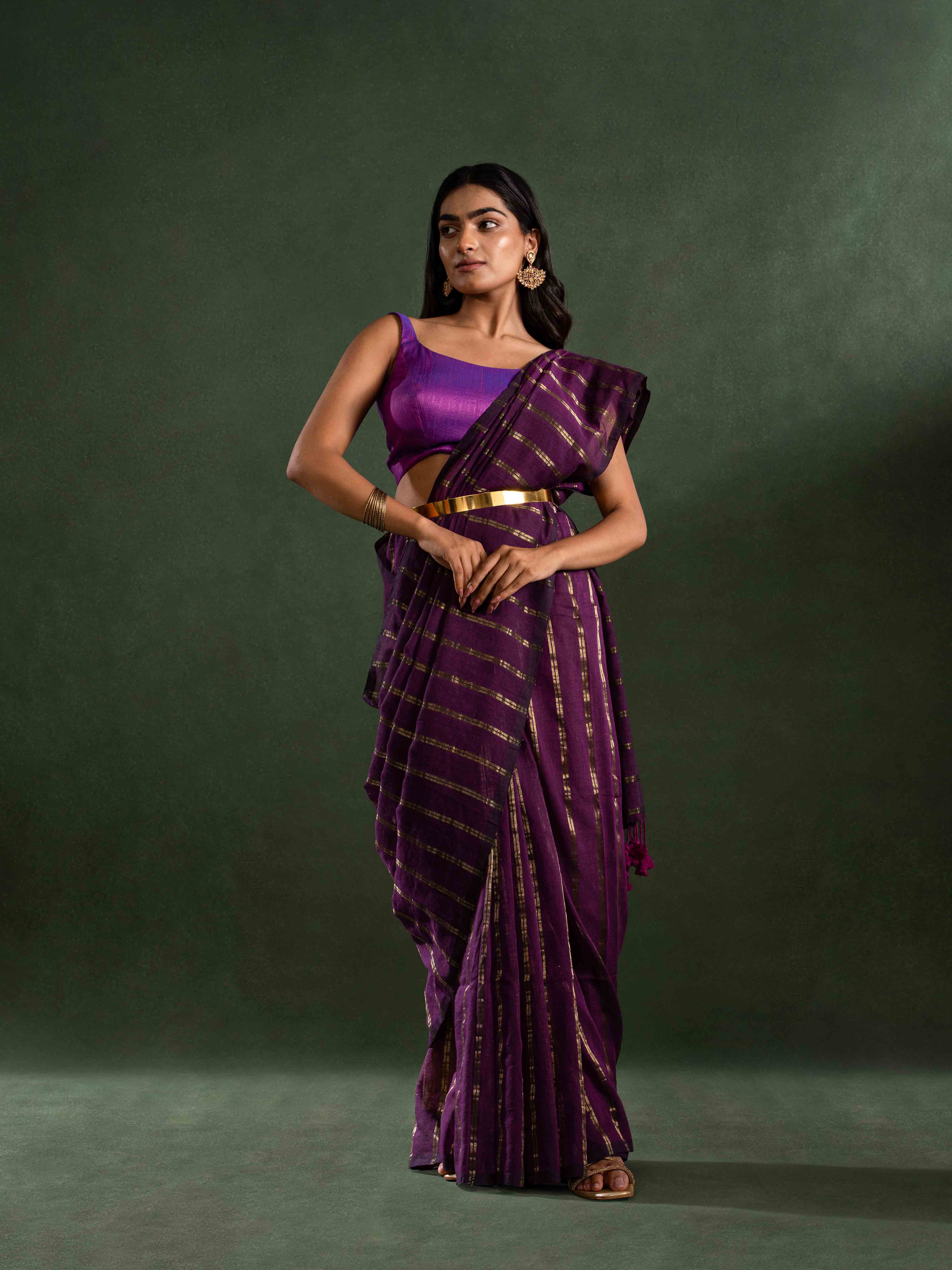 Featherlight Mul Cotton Saree in Regal Purple with Zari Stripes