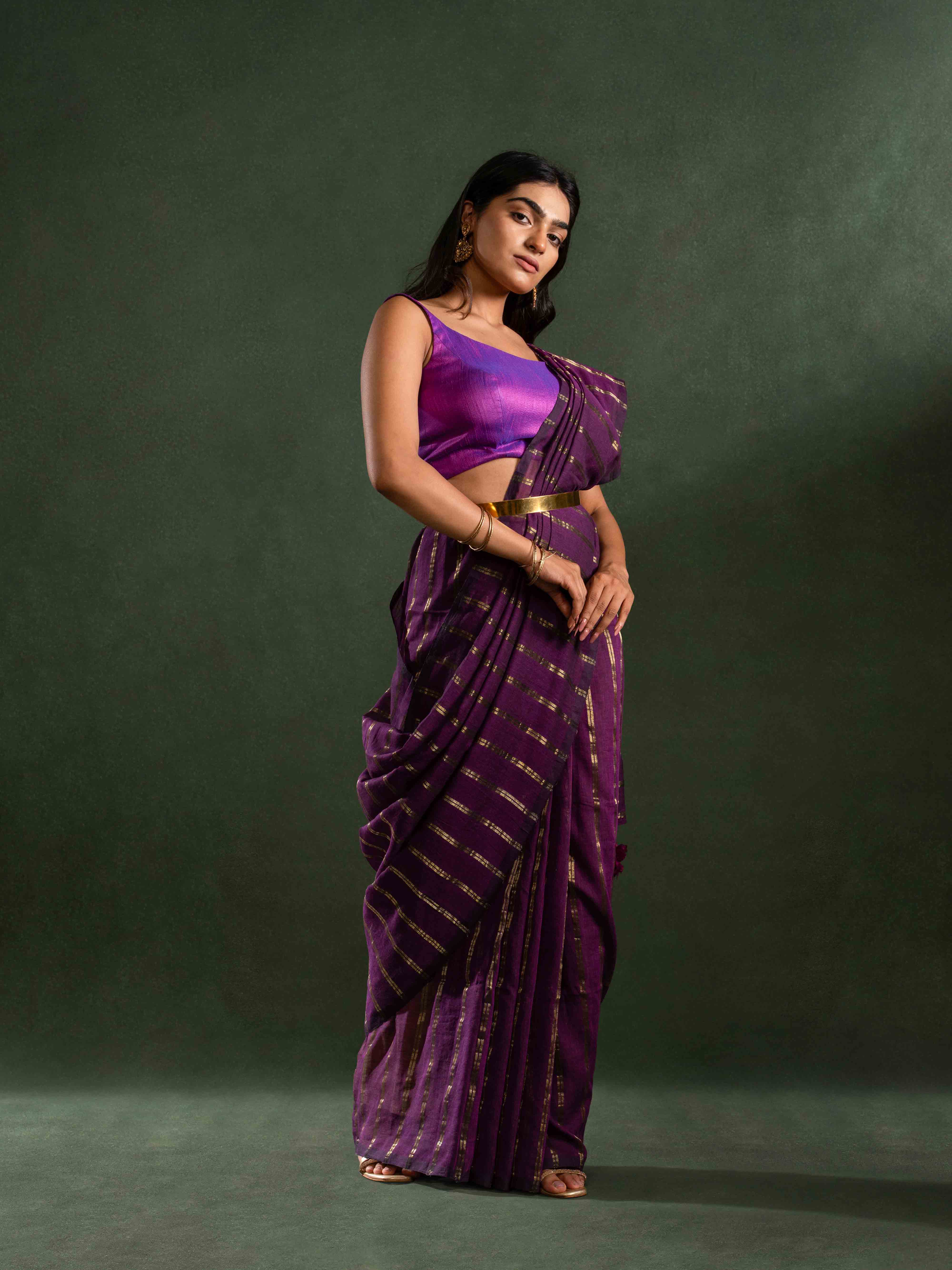 Featherlight Mul Cotton Saree in Regal Purple with Zari Stripes