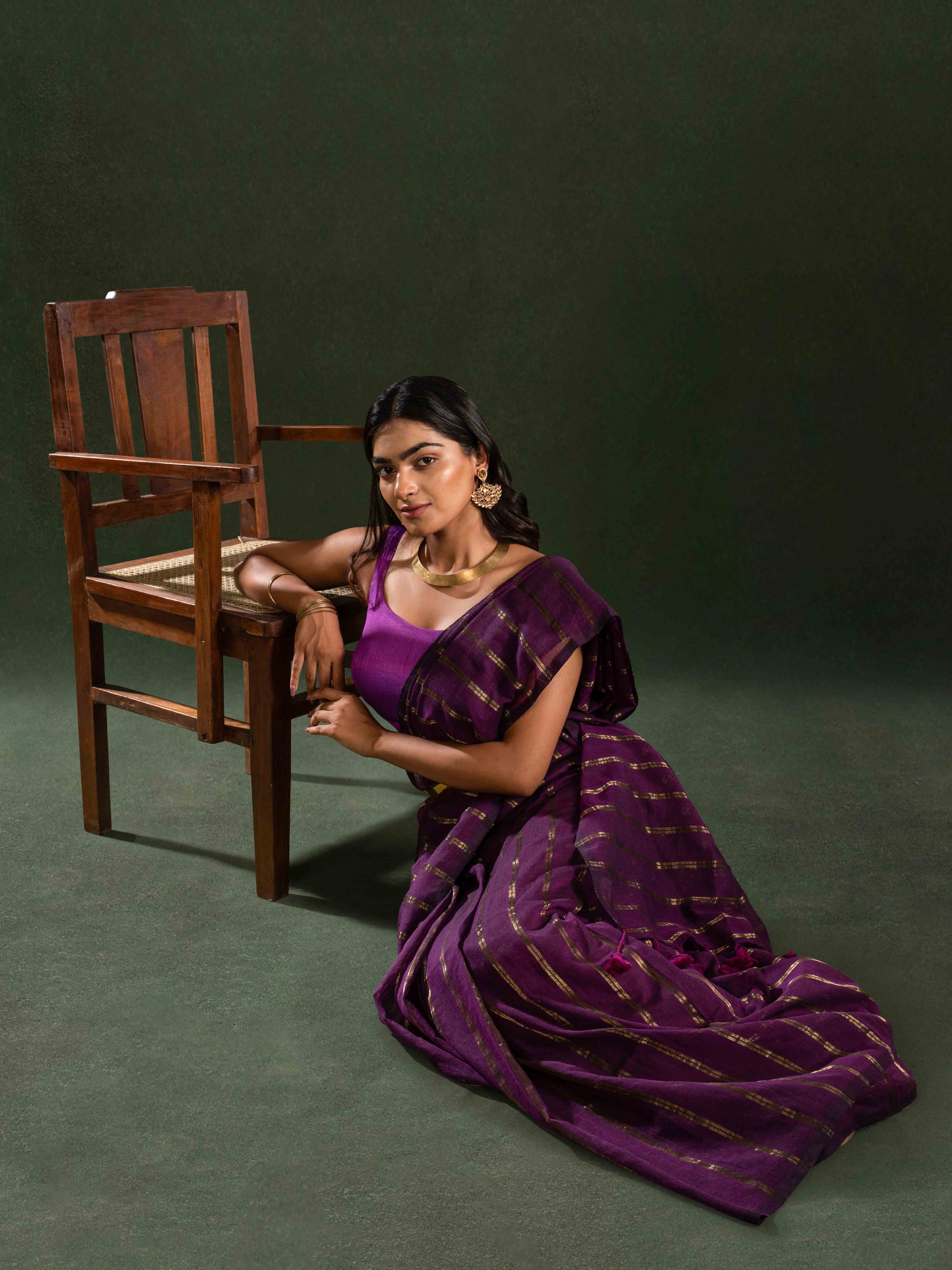 Featherlight Mul Cotton Saree in Regal Purple with Zari Stripes