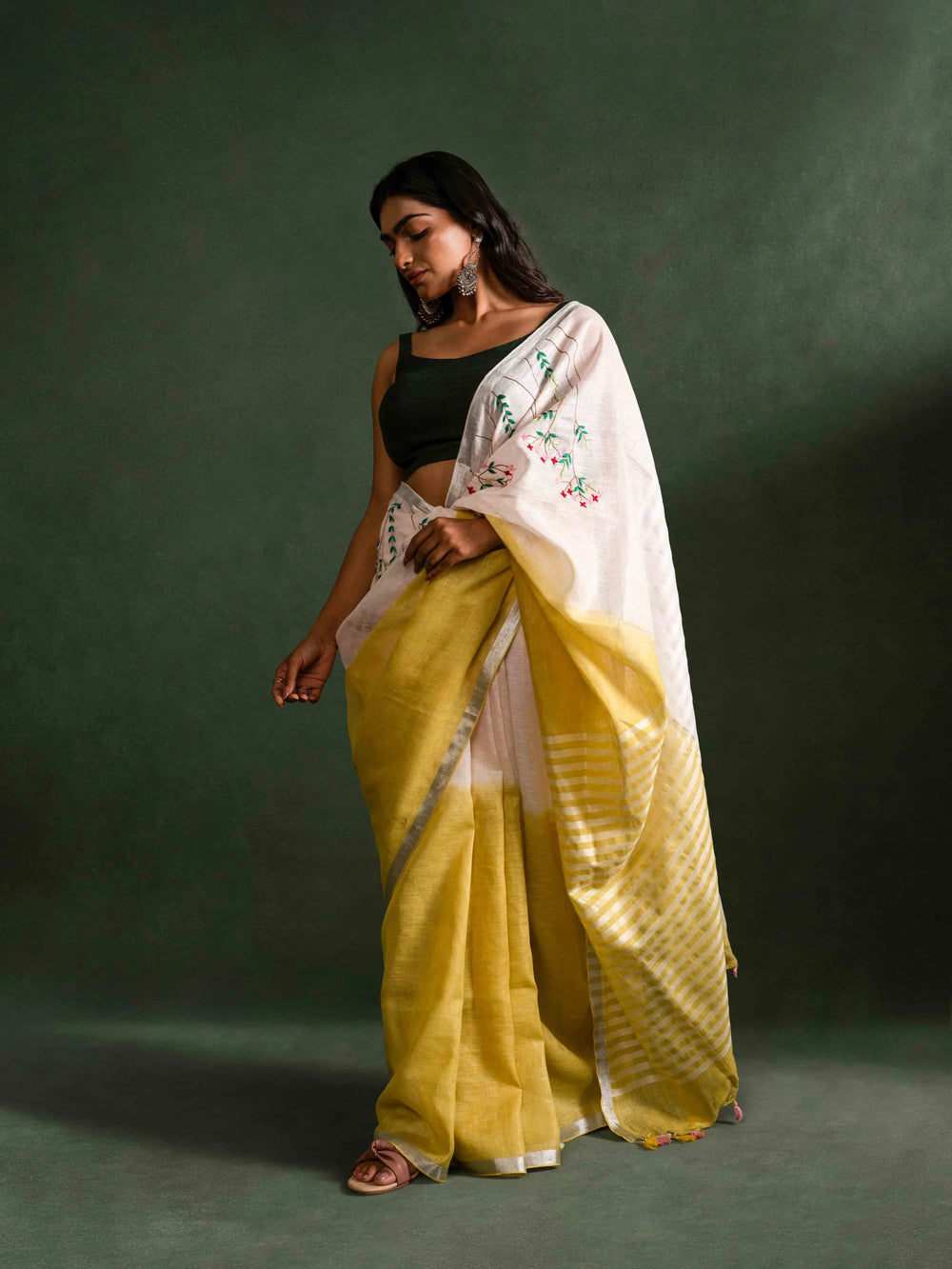 Cloud-soft Pure Linen Saree in Sunshine Yellow & Off White