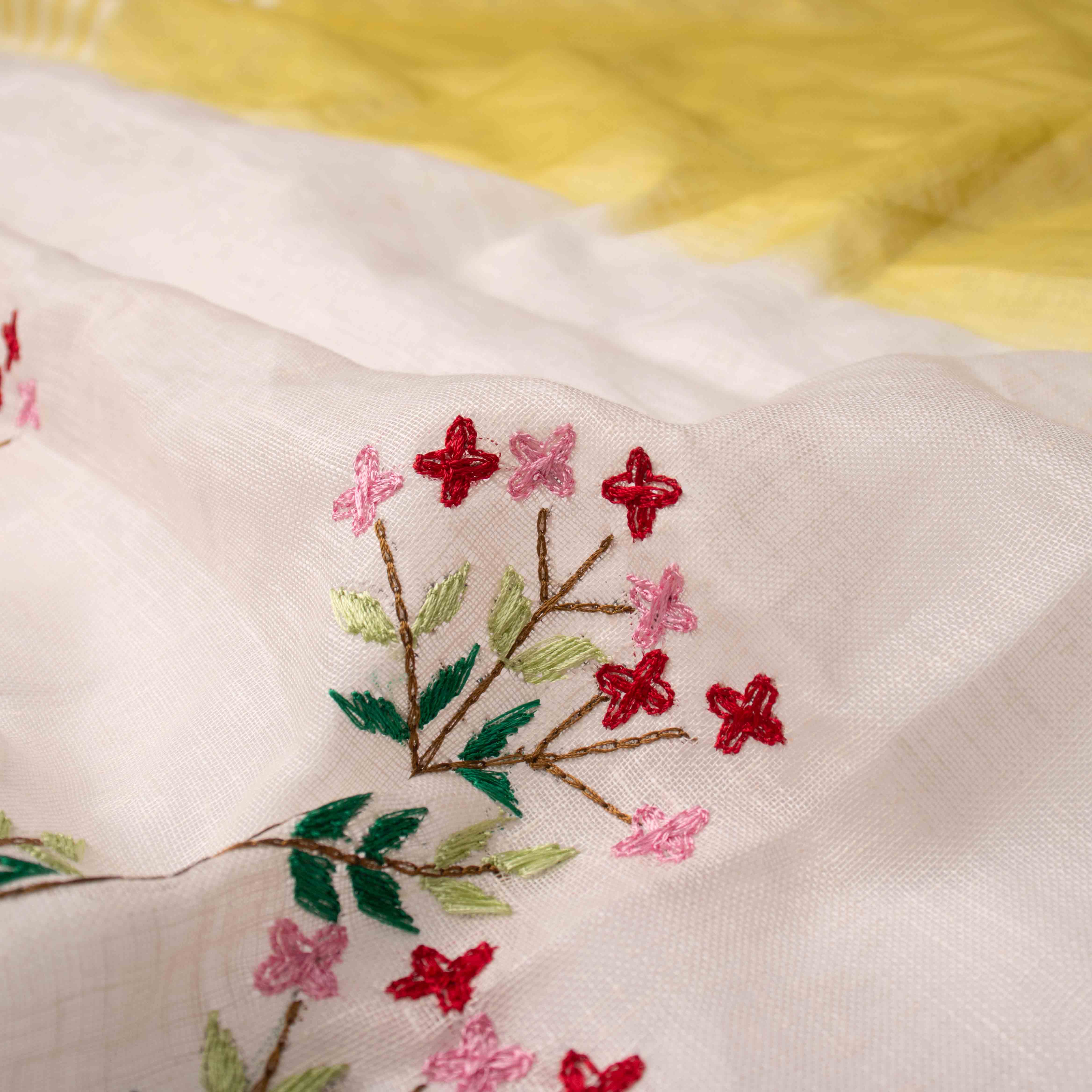 Cloud-soft Pure Linen Saree in Sunshine Yellow & Off White