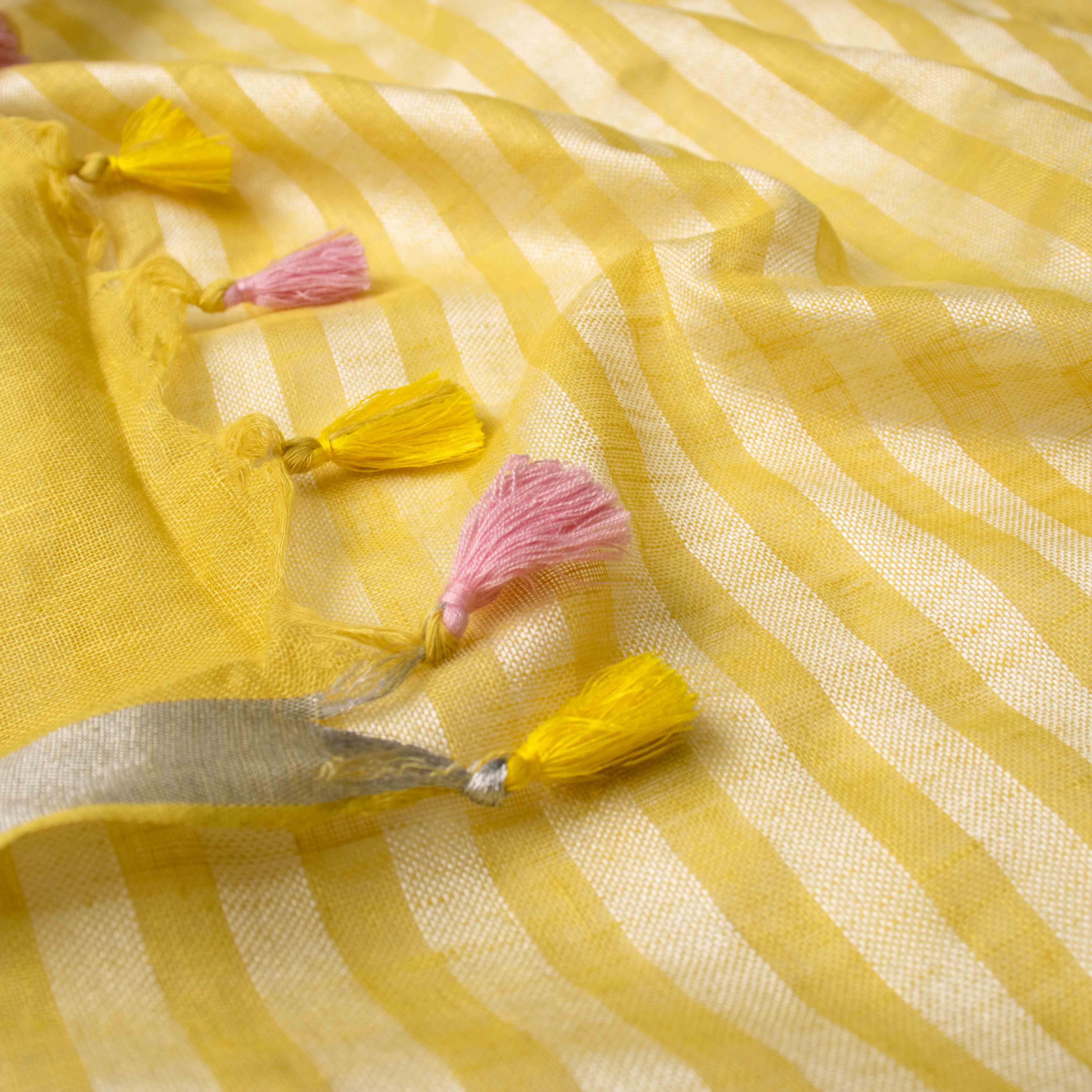 Cloud-soft Pure Linen Saree in Sunshine Yellow & Off White
