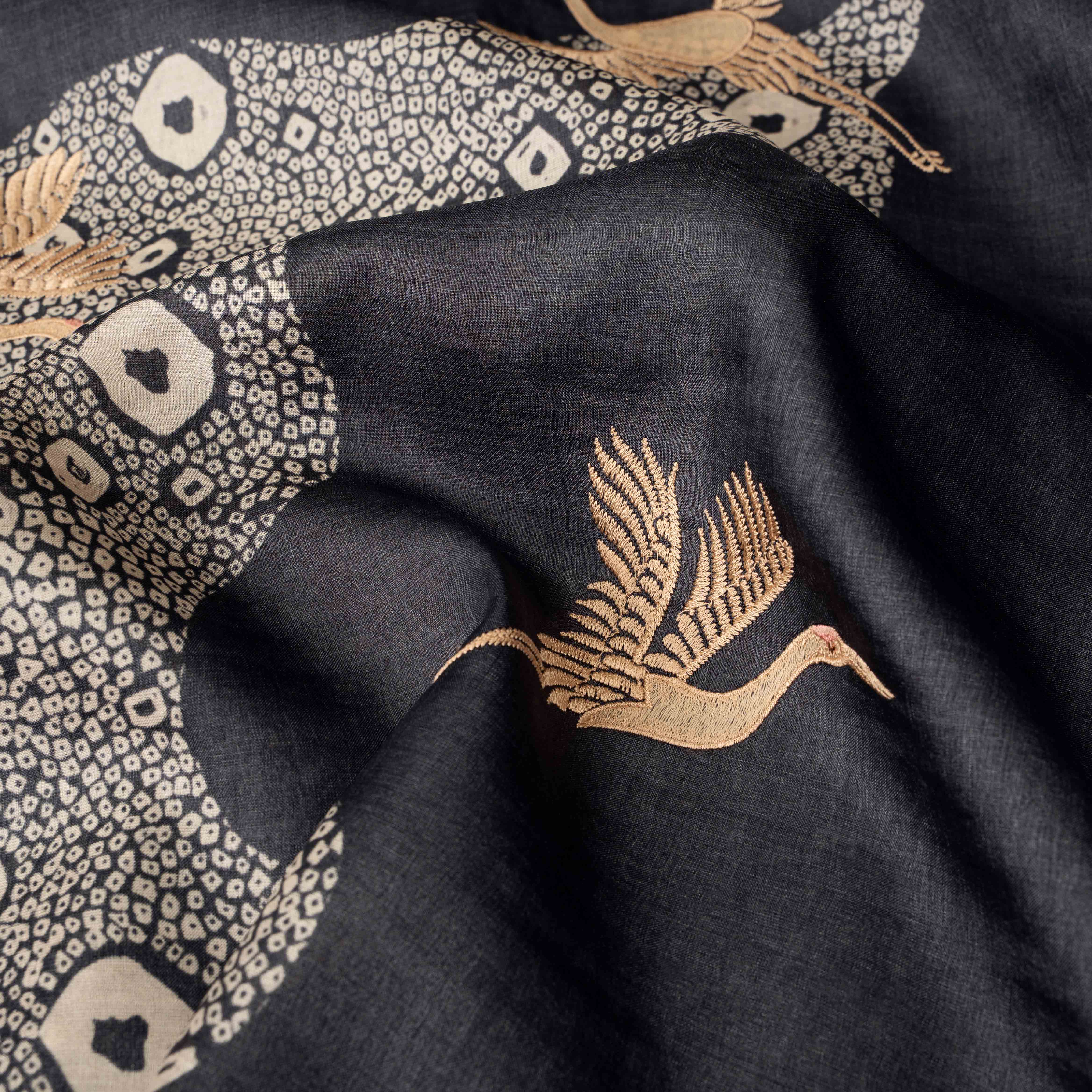 Tussar Silk Embroidered Saree in Ink Black & Ivory