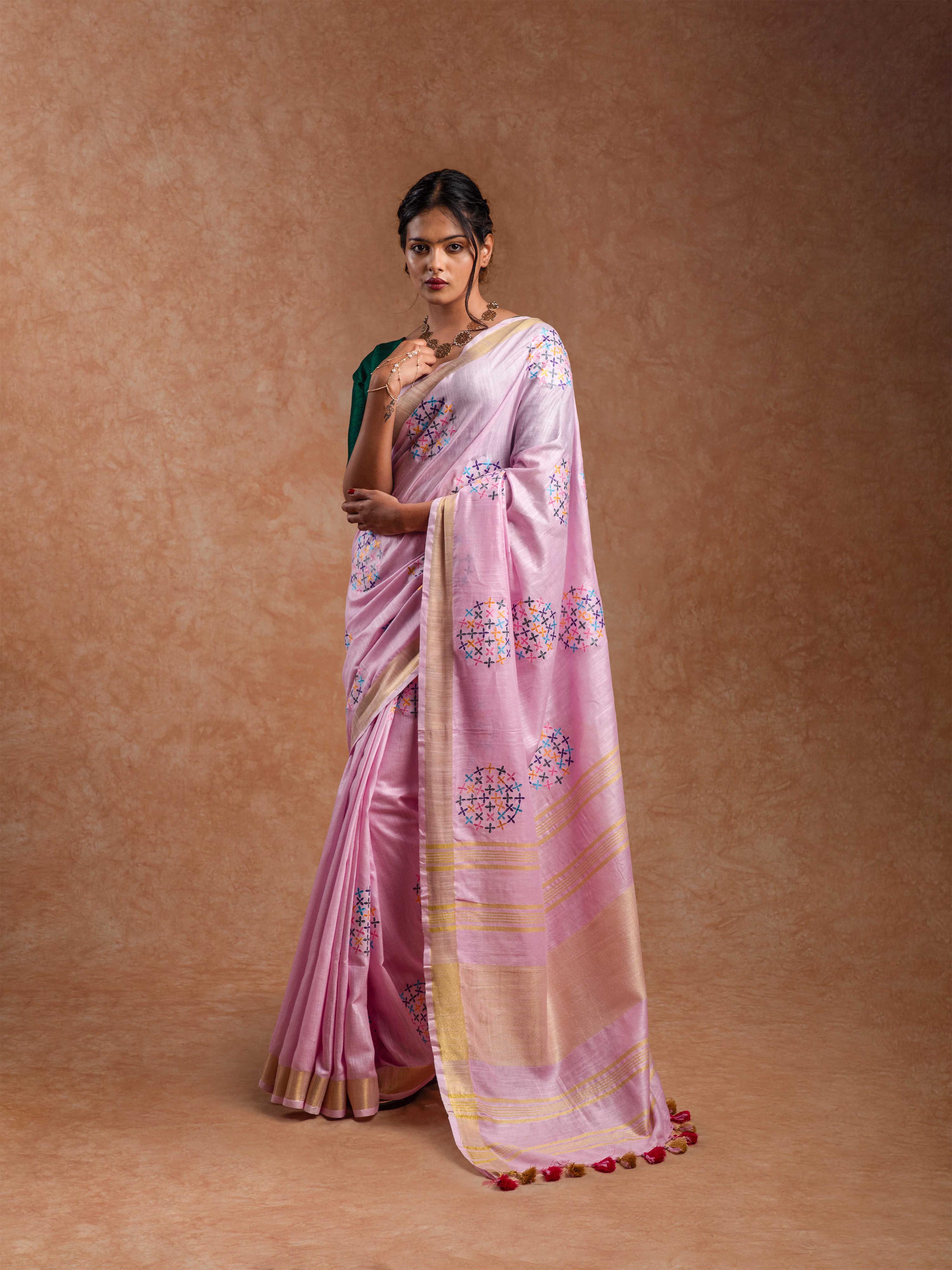 Pure Linen Embroidered Saree in Rose Quartz