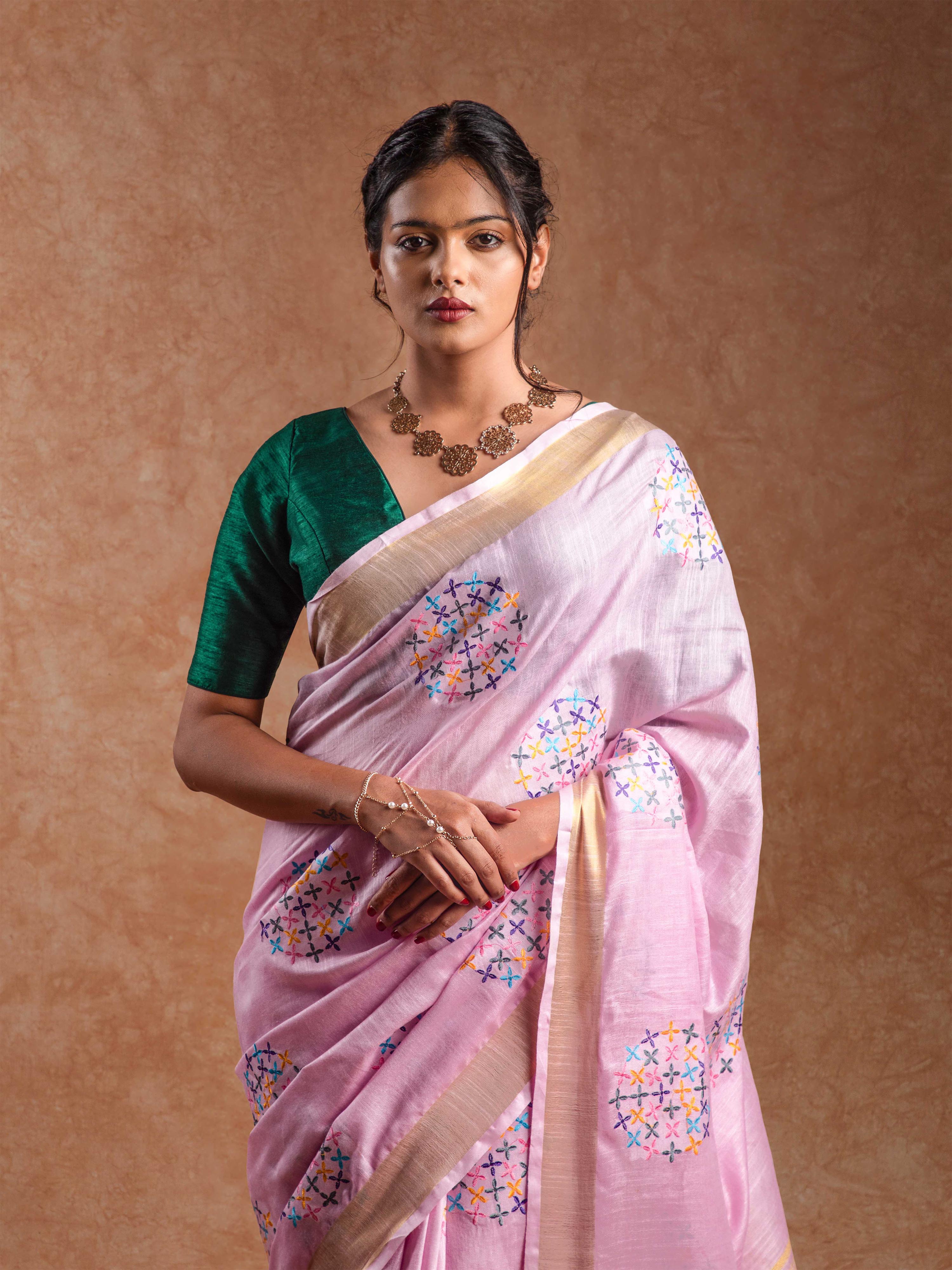 Pure Linen Embroidered Saree in Rose Quartz